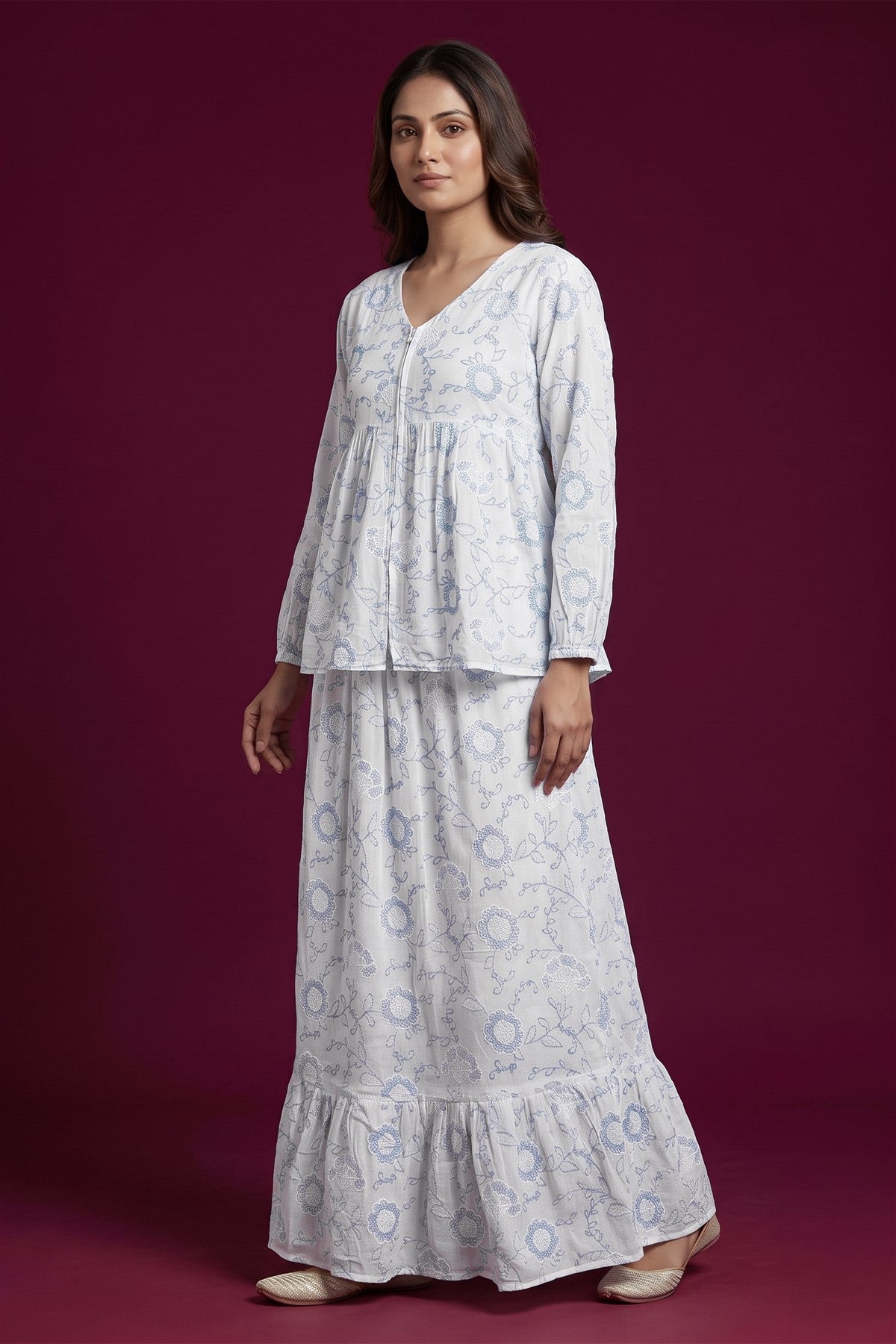 Chiffon Embroidered Cream Top And Skirt