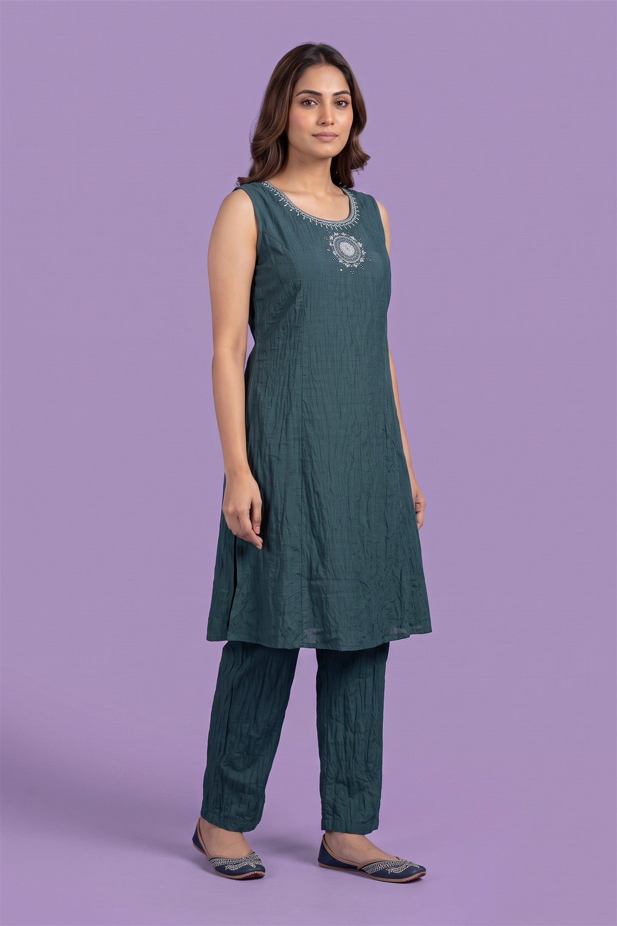 Crush Embroidered Teal Blue Kurti Set