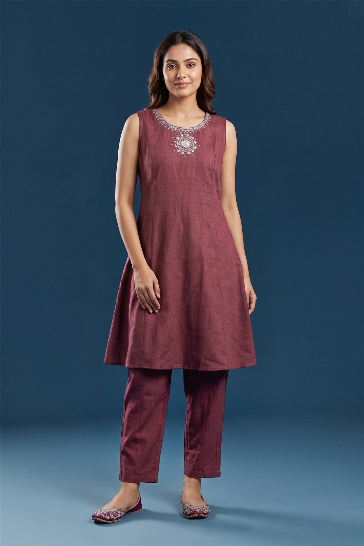 Crush Embroidered Maroon Kurti Set