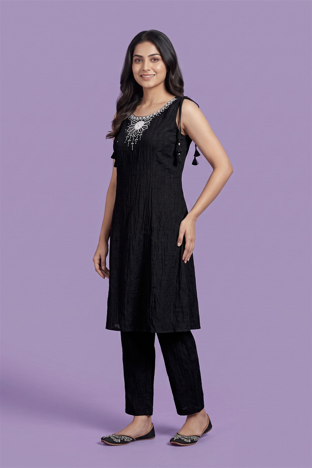 Crush Embroidered Black Kurti Set