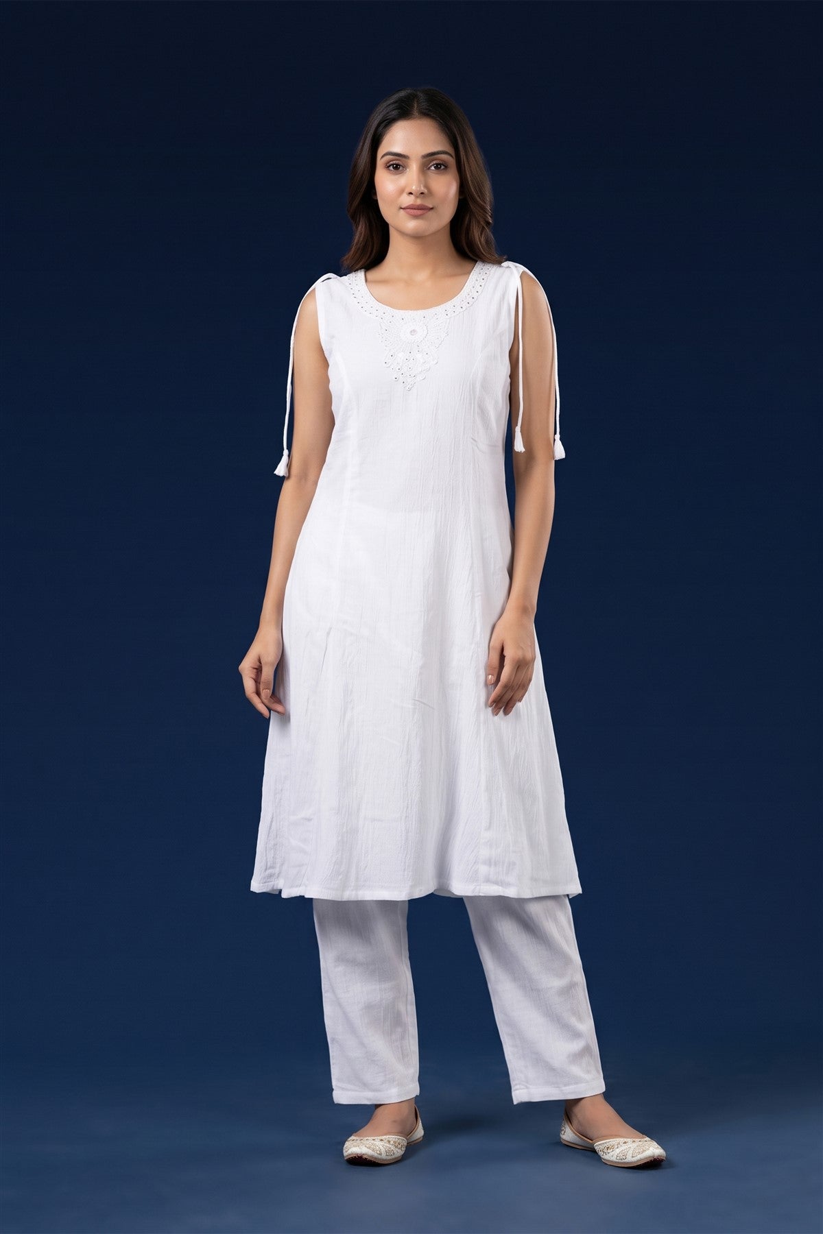 Crush Embroidered White Kurti Set With Dupatta