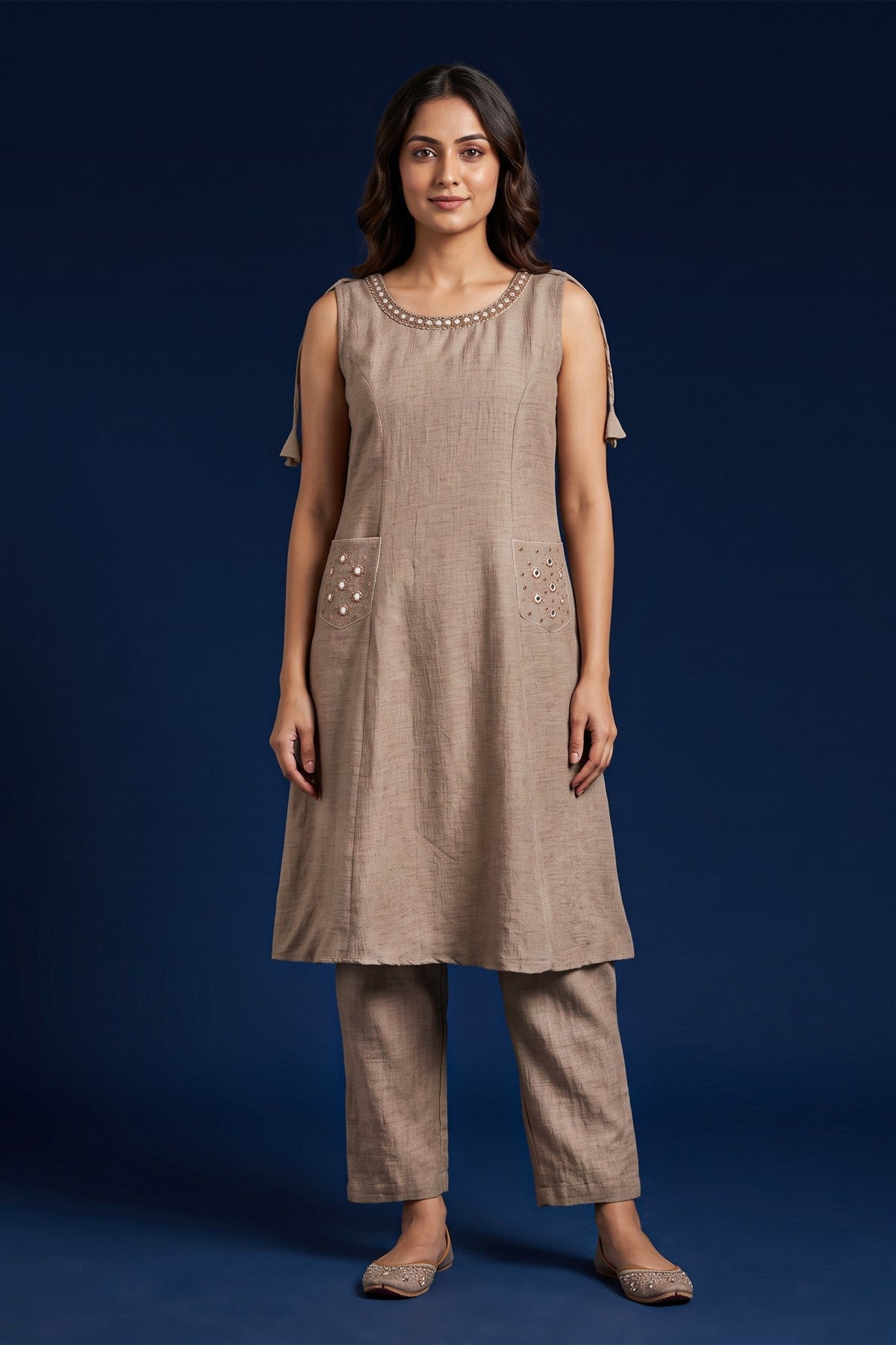Crush Embroidery Beige Kurti Set