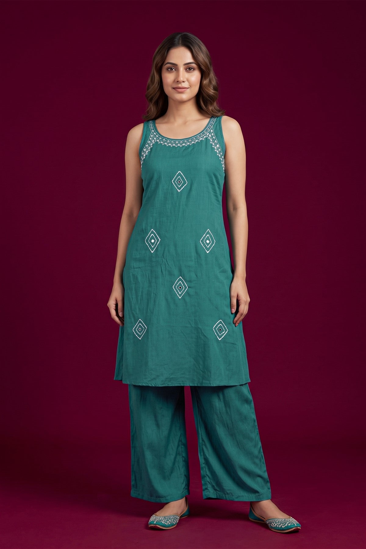 Rayon Embroidered Teal Blue Kurti Set