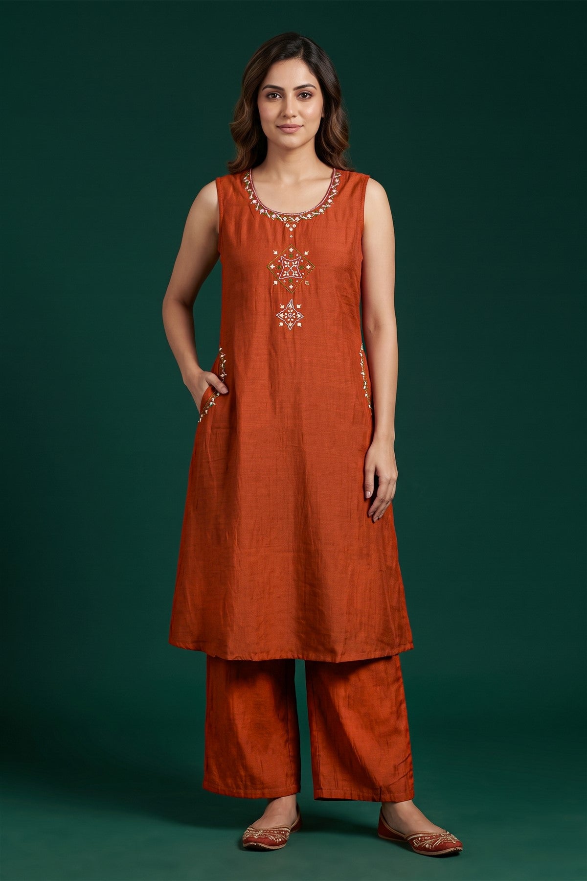 Chanderi Embroidered Rust Kurti Set
