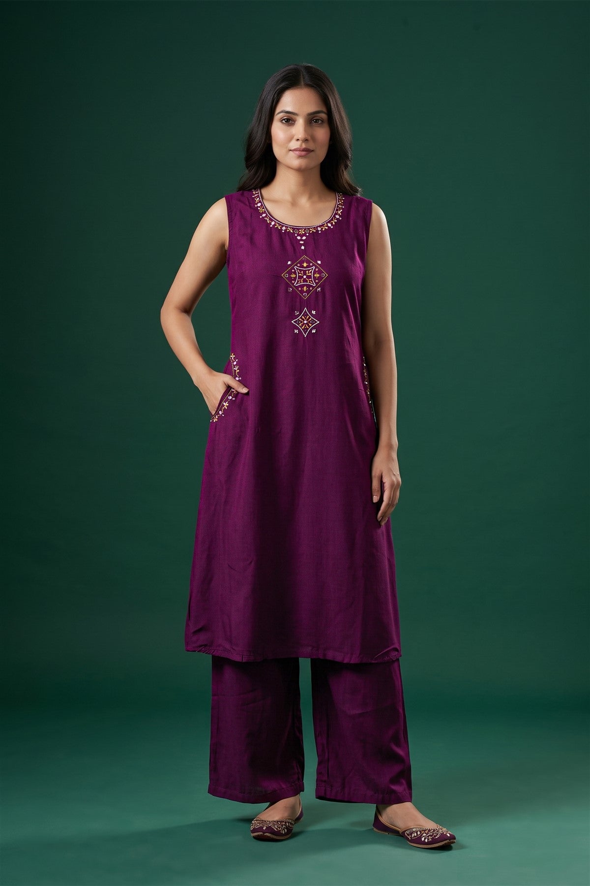 Chanderi Embroidered Wine Kurti Set