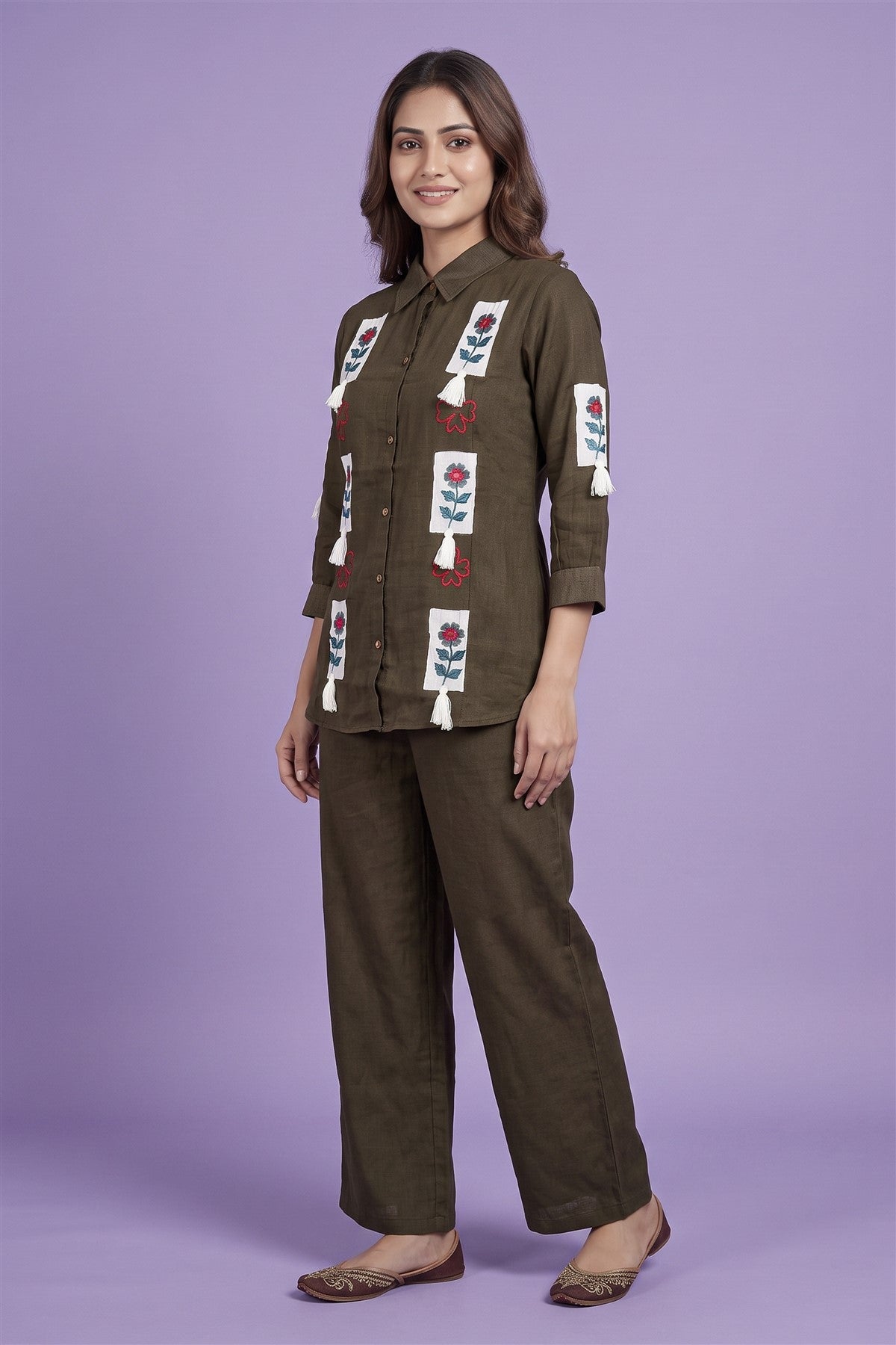 Chanderi Embroidered Brown Kurti Co-Ord Set