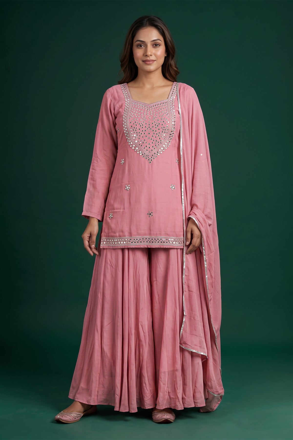 Mul Chanderi Embroidery Dusty Pink Kurti Set With Dupatta