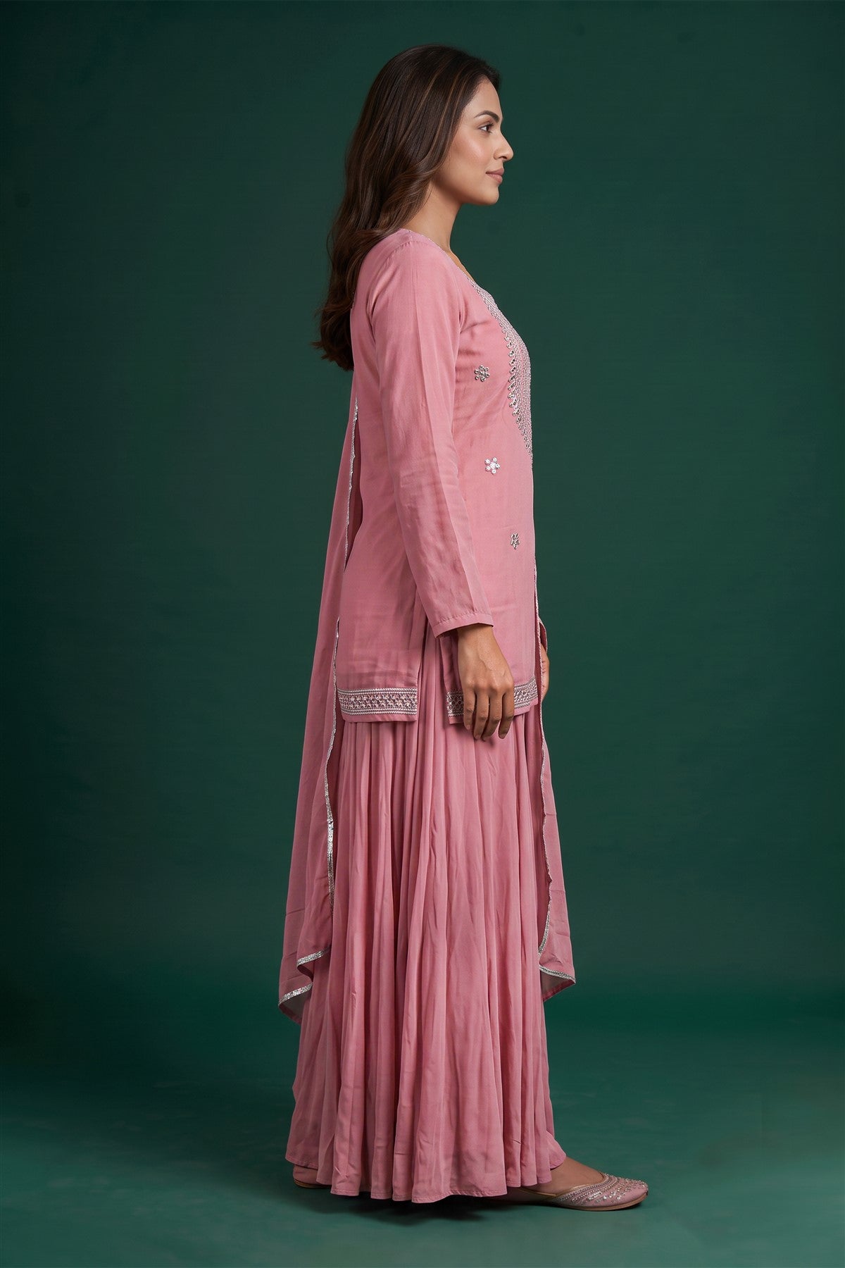 Mul Chanderi Embroidery Dusty Pink Kurti Set With Dupatta