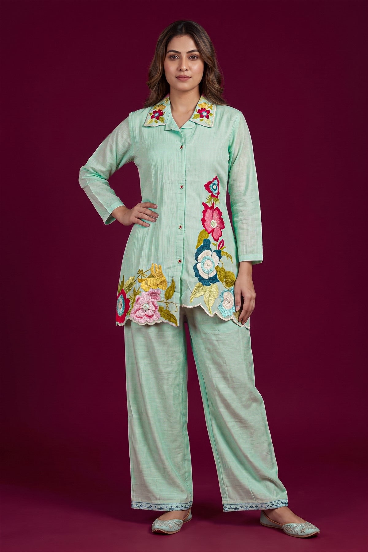 Chanderi Embroidered Light Pista Co-Ord Set