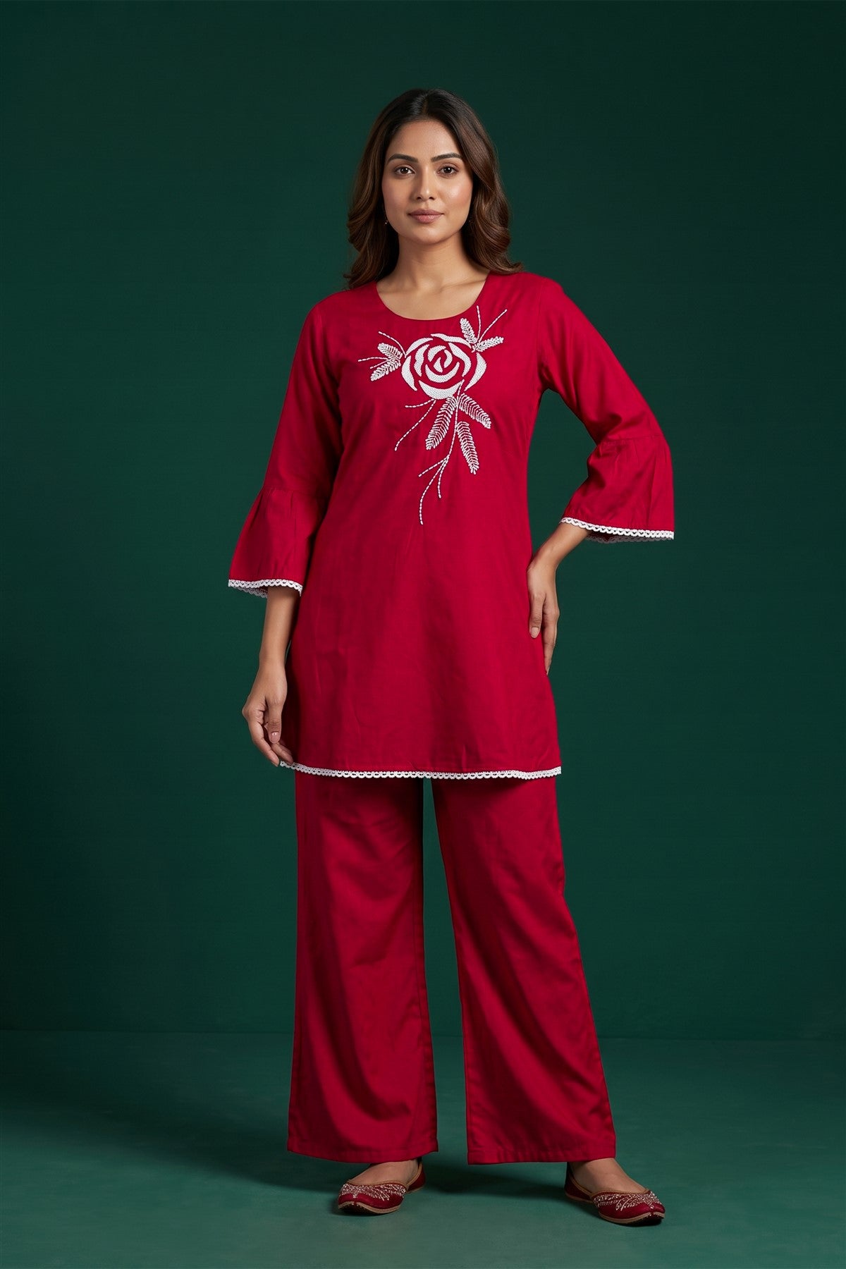 Chanderi Embroidery Red Co-Ord Set