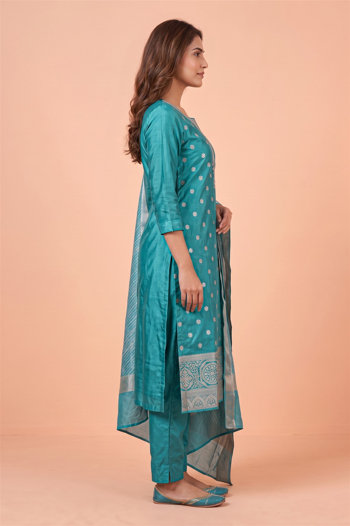 Chanderi Embroidered Sky Blue Kurti Set With Dupatta