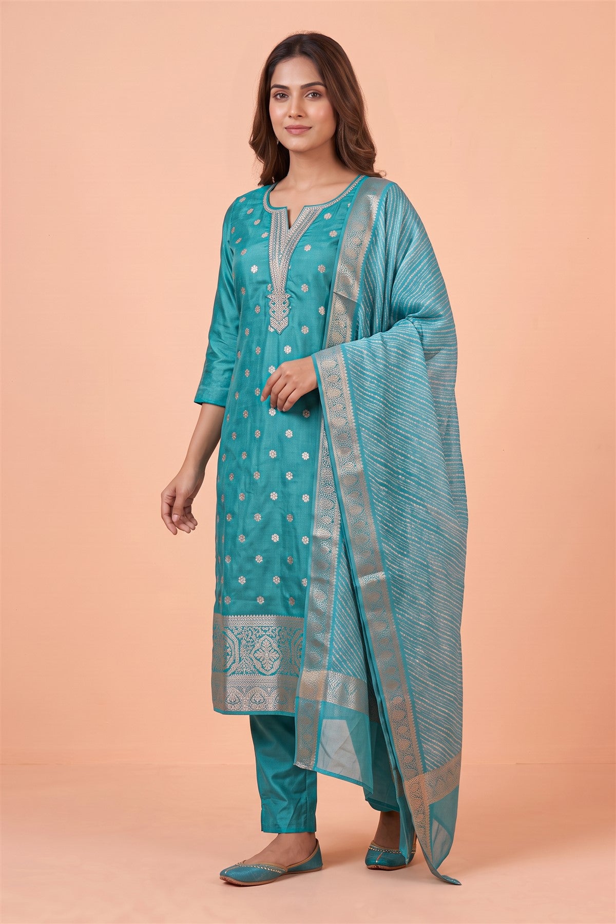 Chanderi Embroidered Sky Blue Kurti Set With Dupatta