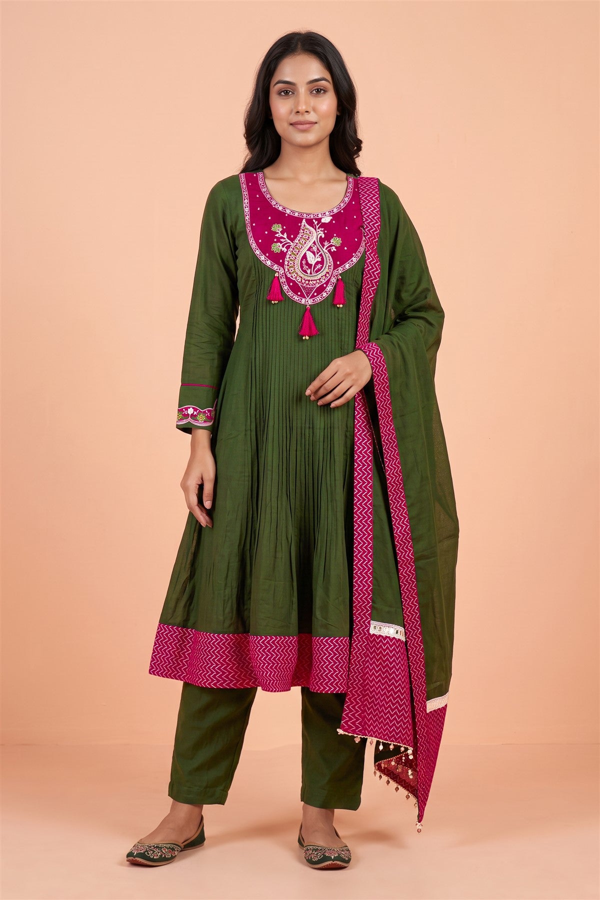 Chanderi Embroidered Green Kurti Set With Dupatta