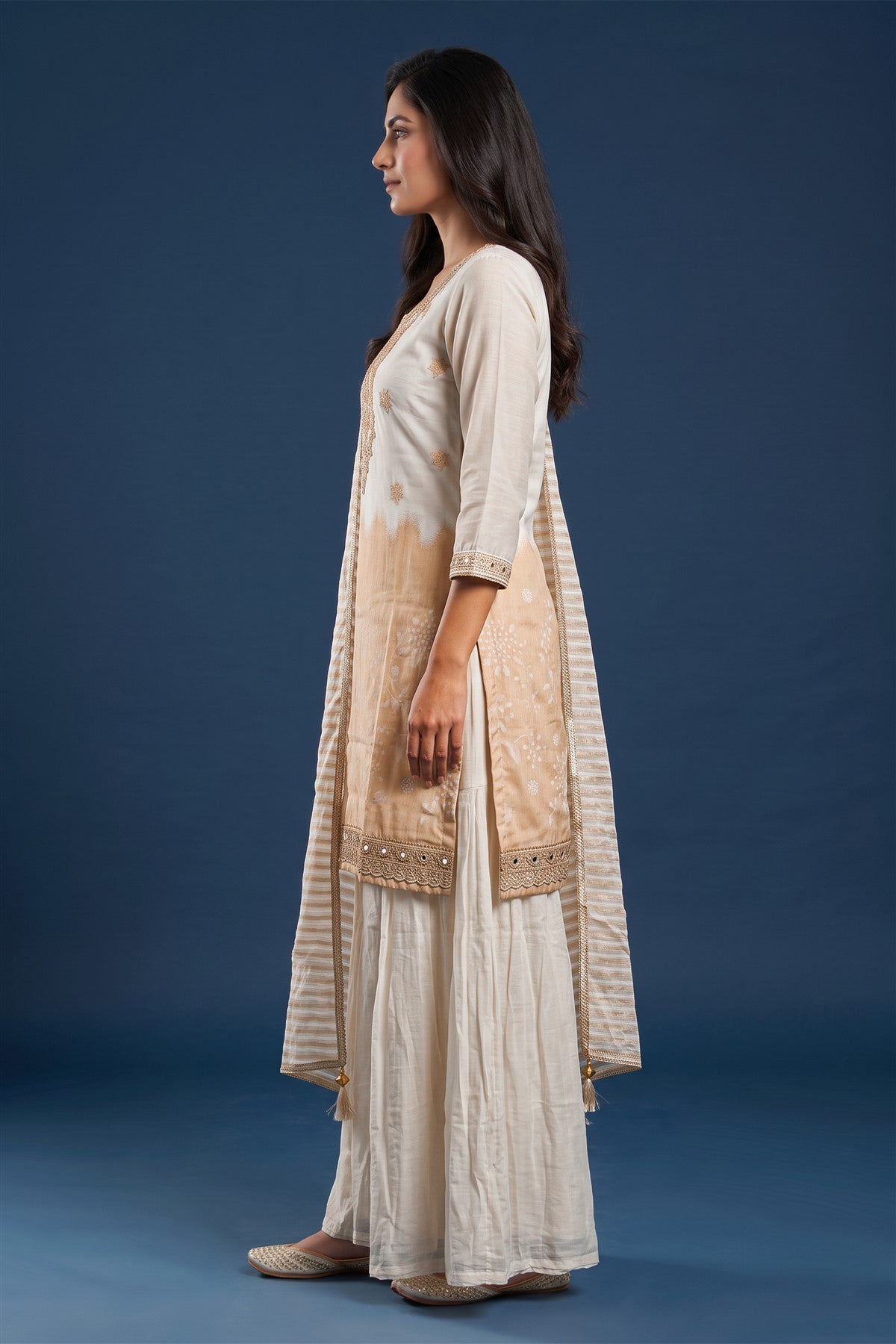 Jacquard Embroidered Cream Kurti Set With Dupatta