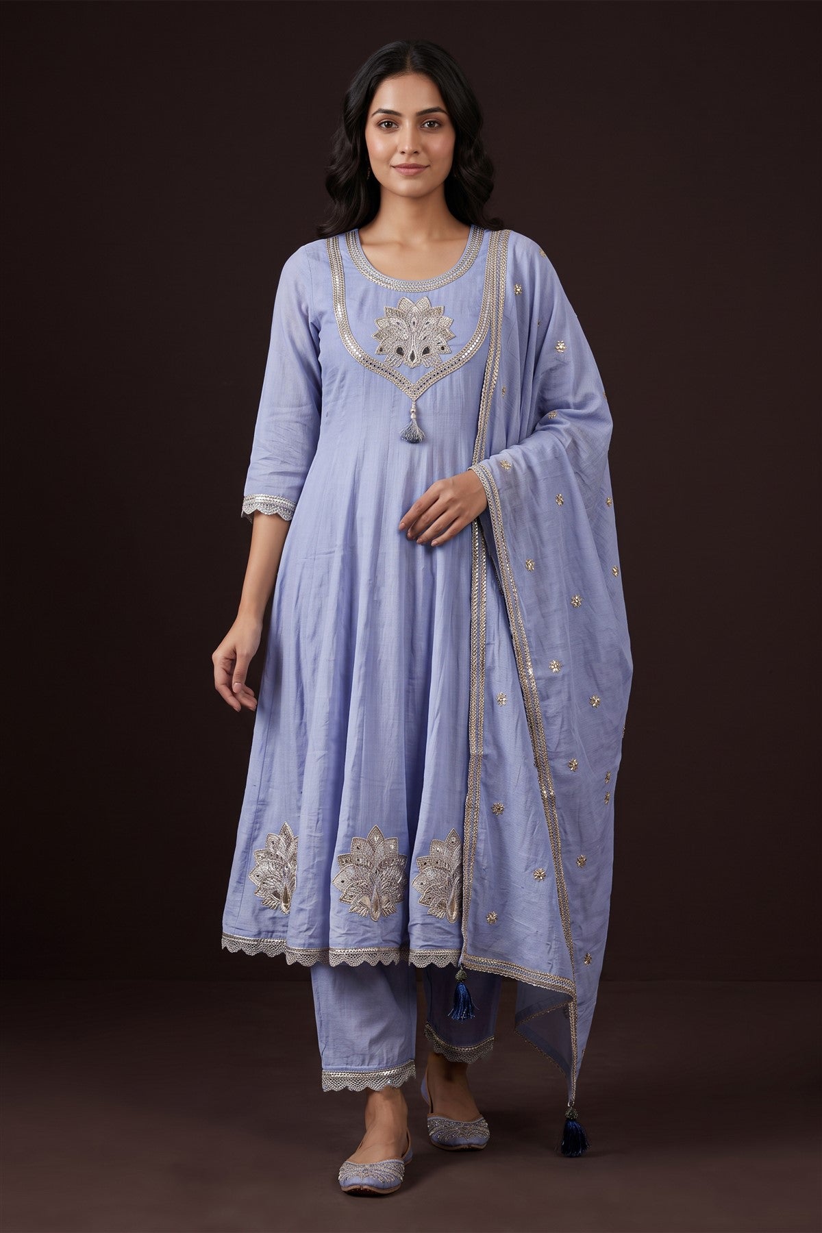Cotton Embroidered Lavender Kurti Set With Dupatta