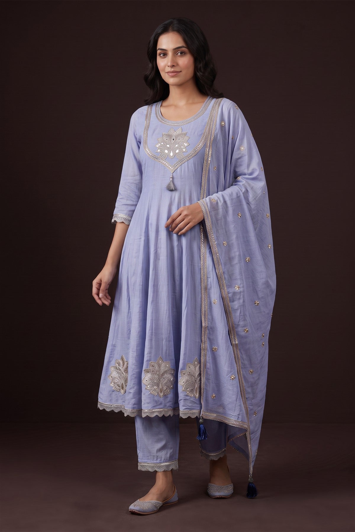 Cotton Embroidered Lavender Kurti Set With Dupatta