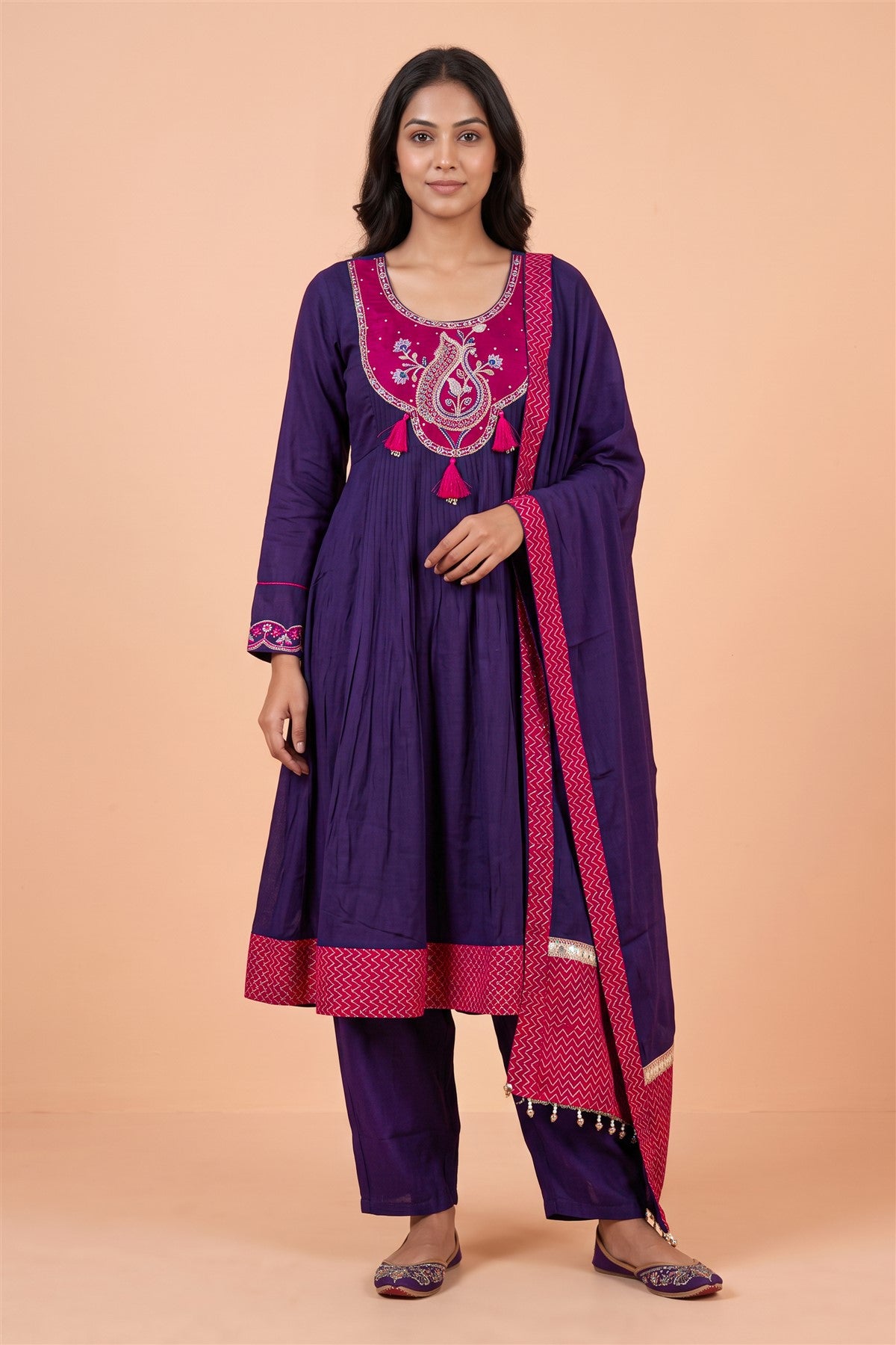 Chanderi Embroidered Violet Kurti Set With Dupatta
