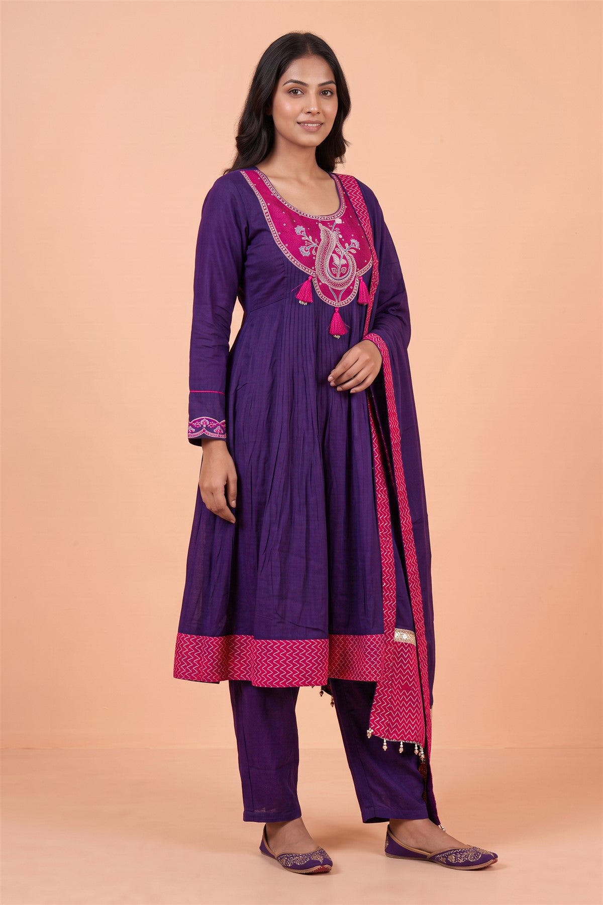 Chanderi Embroidered Violet Kurti Set With Dupatta