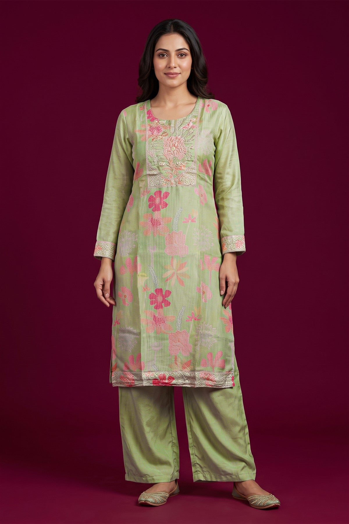 Jacquard Embroidered Pista Kurti Set