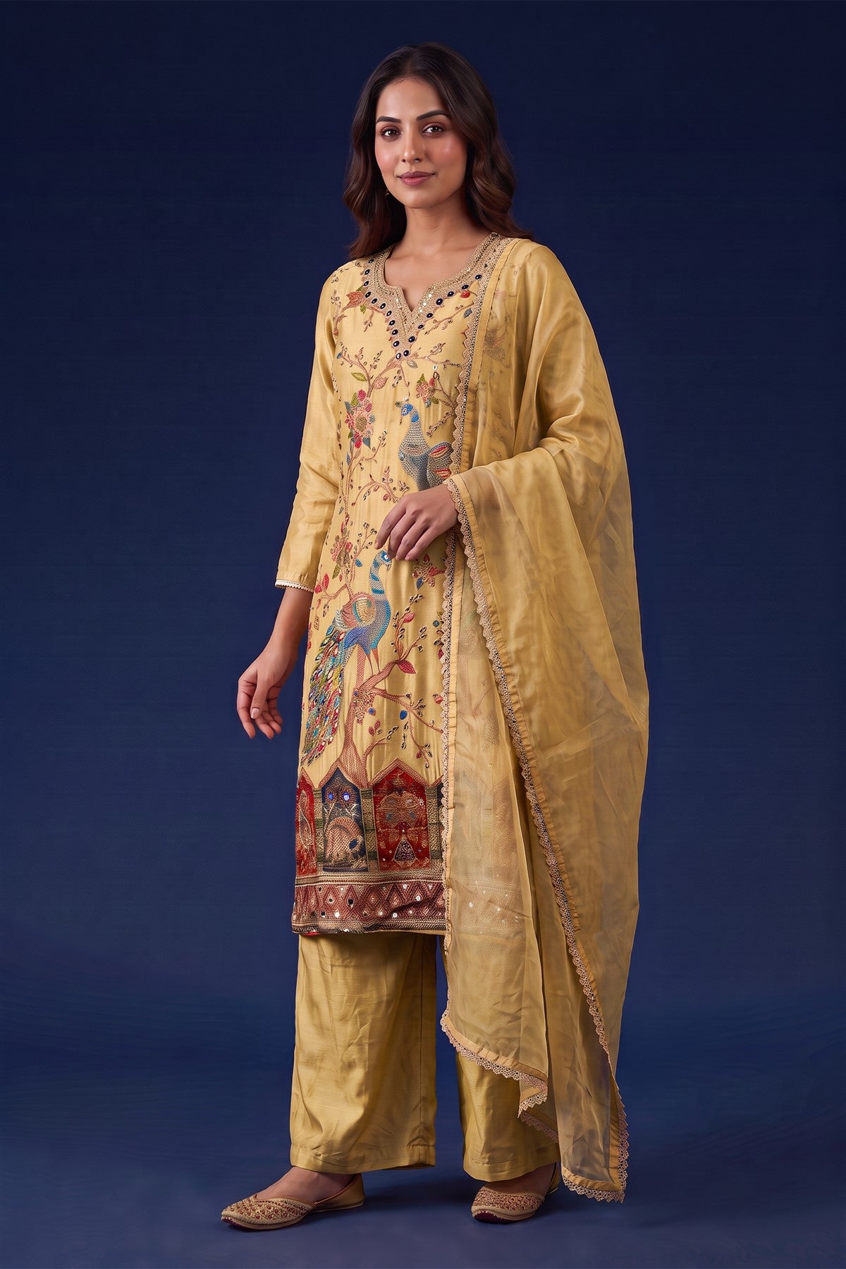 Satin Silk Embroidered Gold Kurti Set With Dupatta