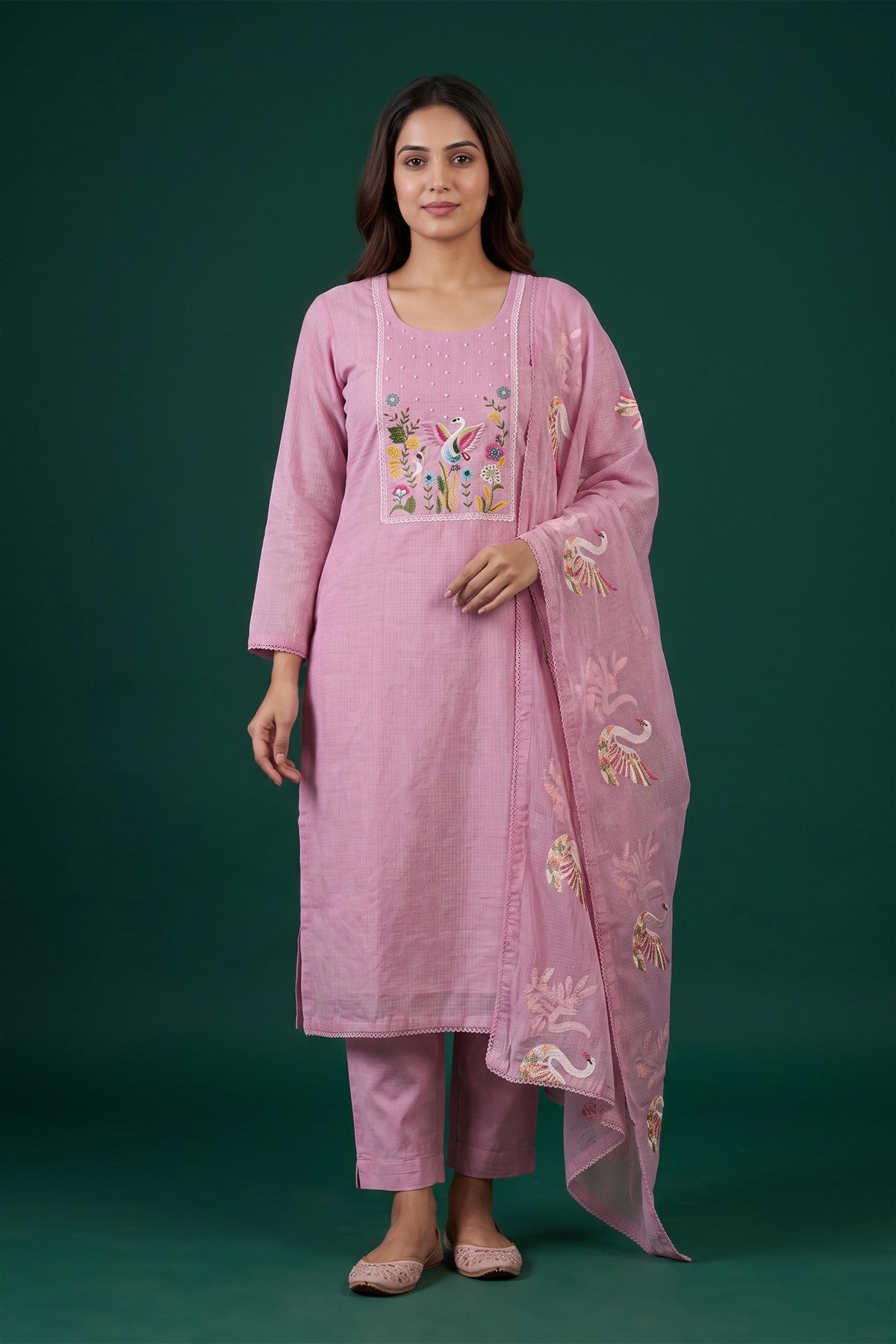 Kota Doria Cotton Embroidered Pink Kurti Set With Dupatta