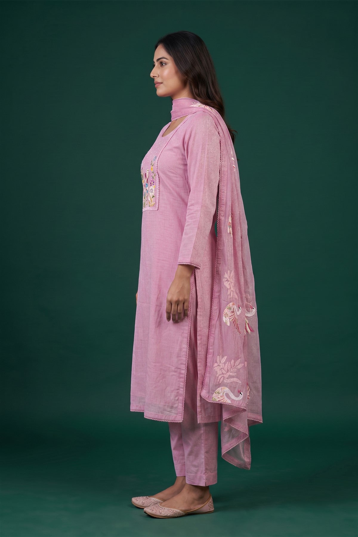 Kota Doria Cotton Embroidered Pink Kurti Set With Dupatta