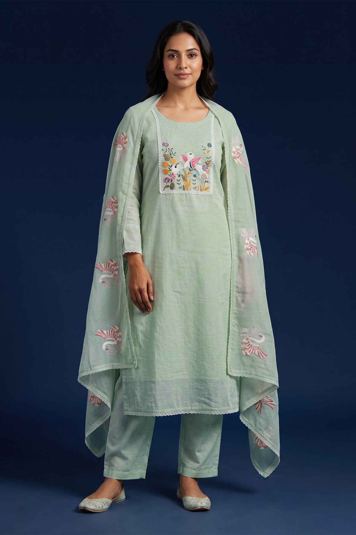 Kota Doria Cotton Embroidered Pista Kurti Set With Dupatta