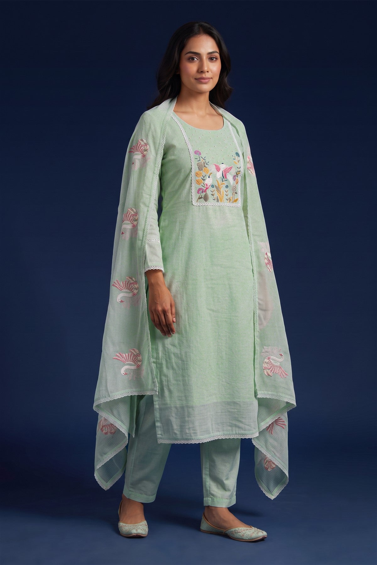 Kota Doria Cotton Embroidered Pista Kurti Set With Dupatta