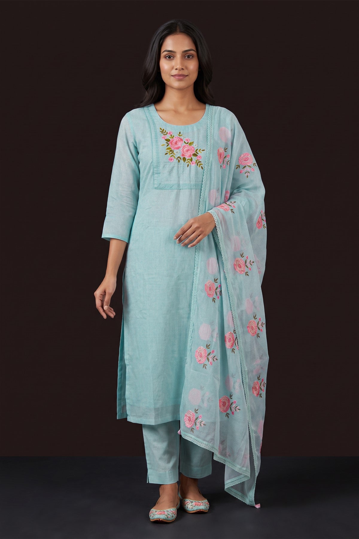 Cotton Embroidered Sea Blue Kurti Set With Dupatta