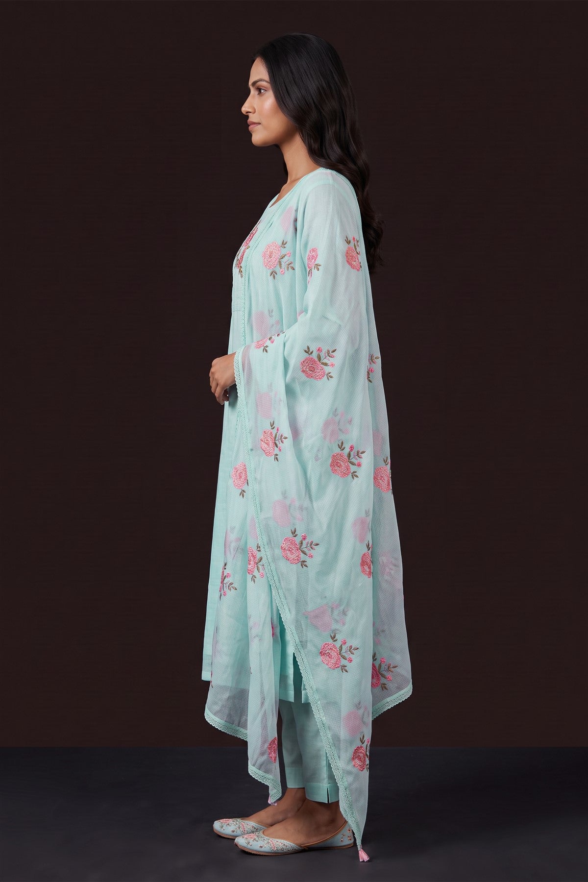 Cotton Embroidered Sea Blue Kurti Set With Dupatta