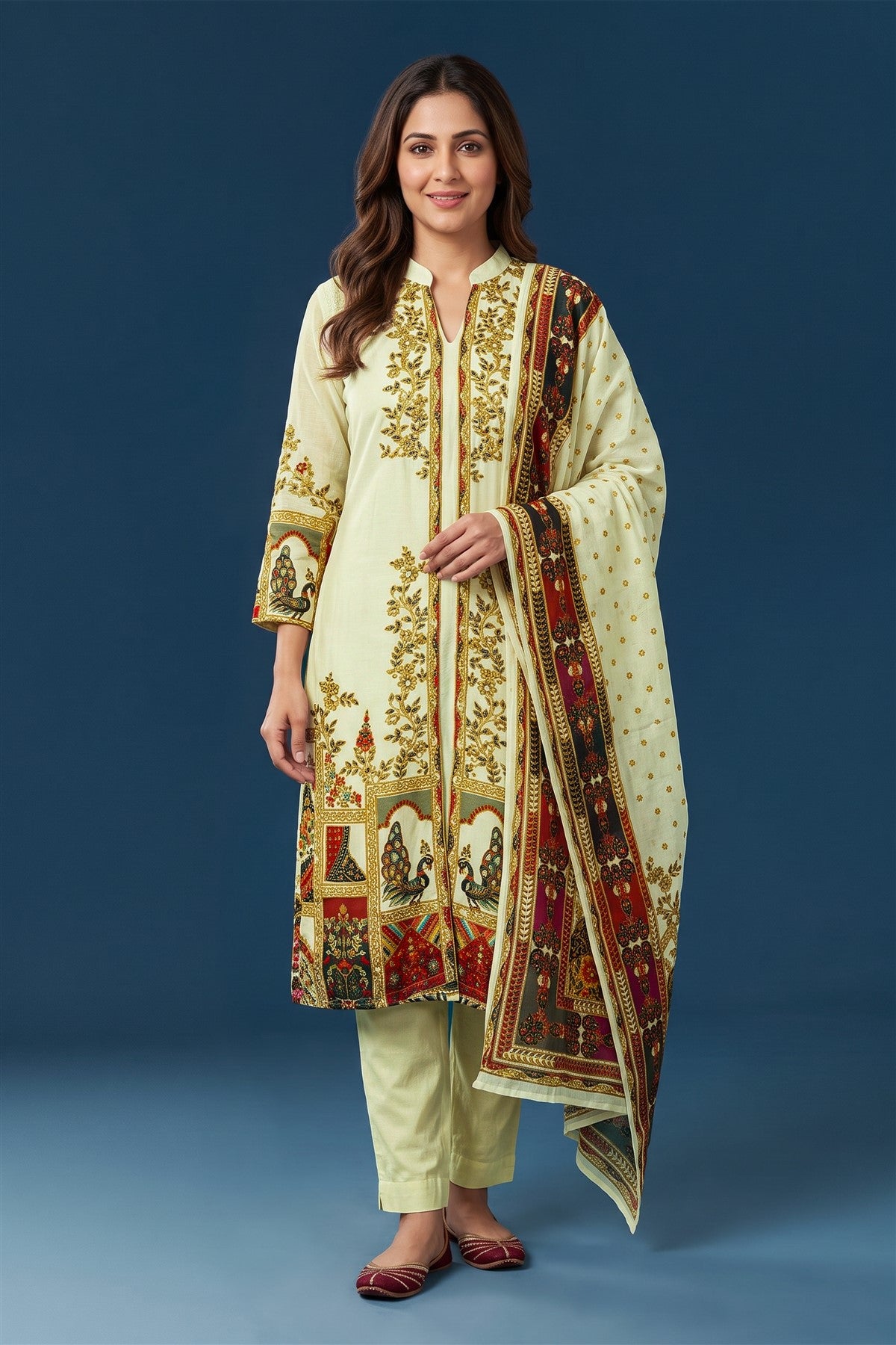 Satin Silk Embroidered Pista Kurti Set With Dupatta