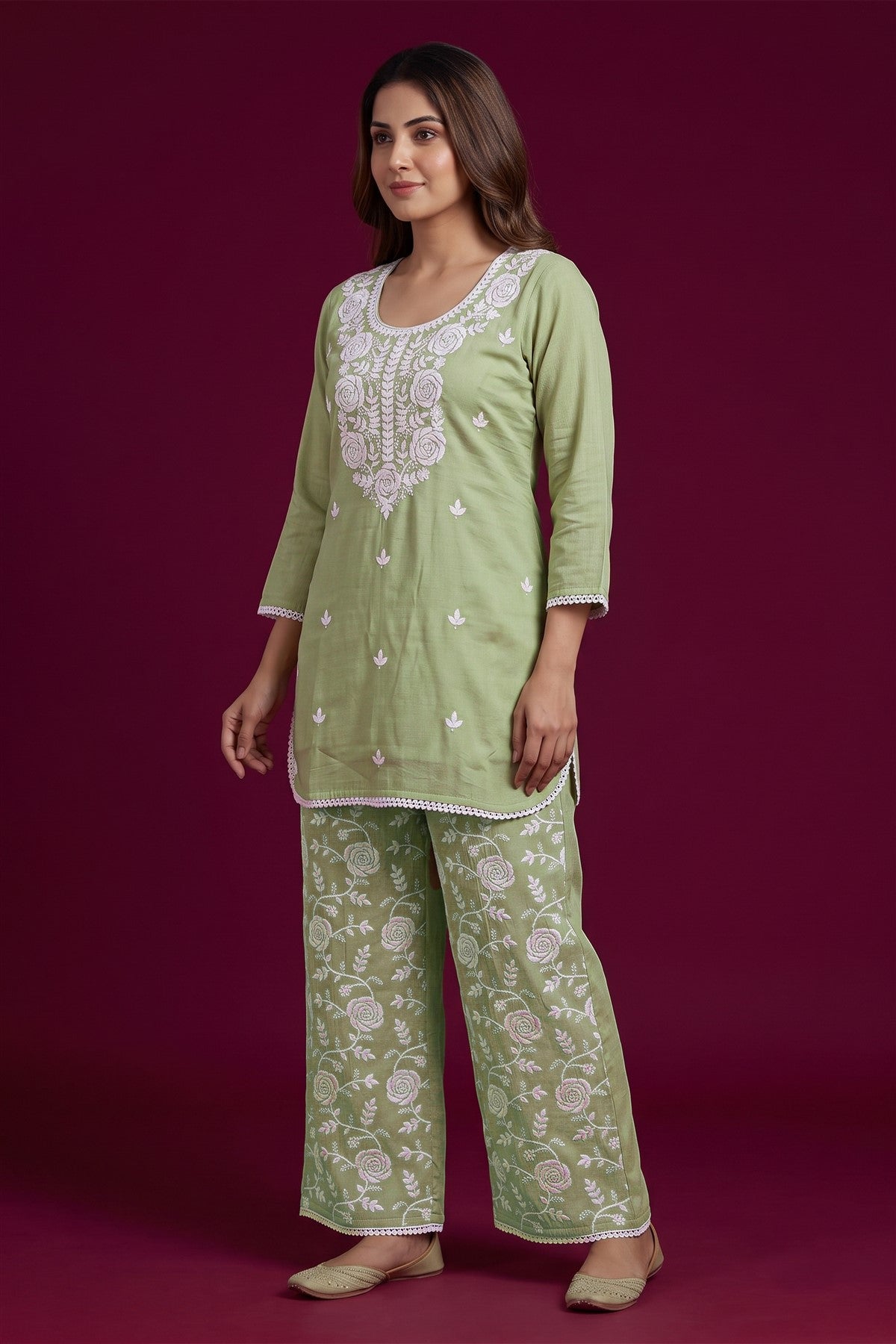 Chanderi Embroidered Pista Co-Ord Set