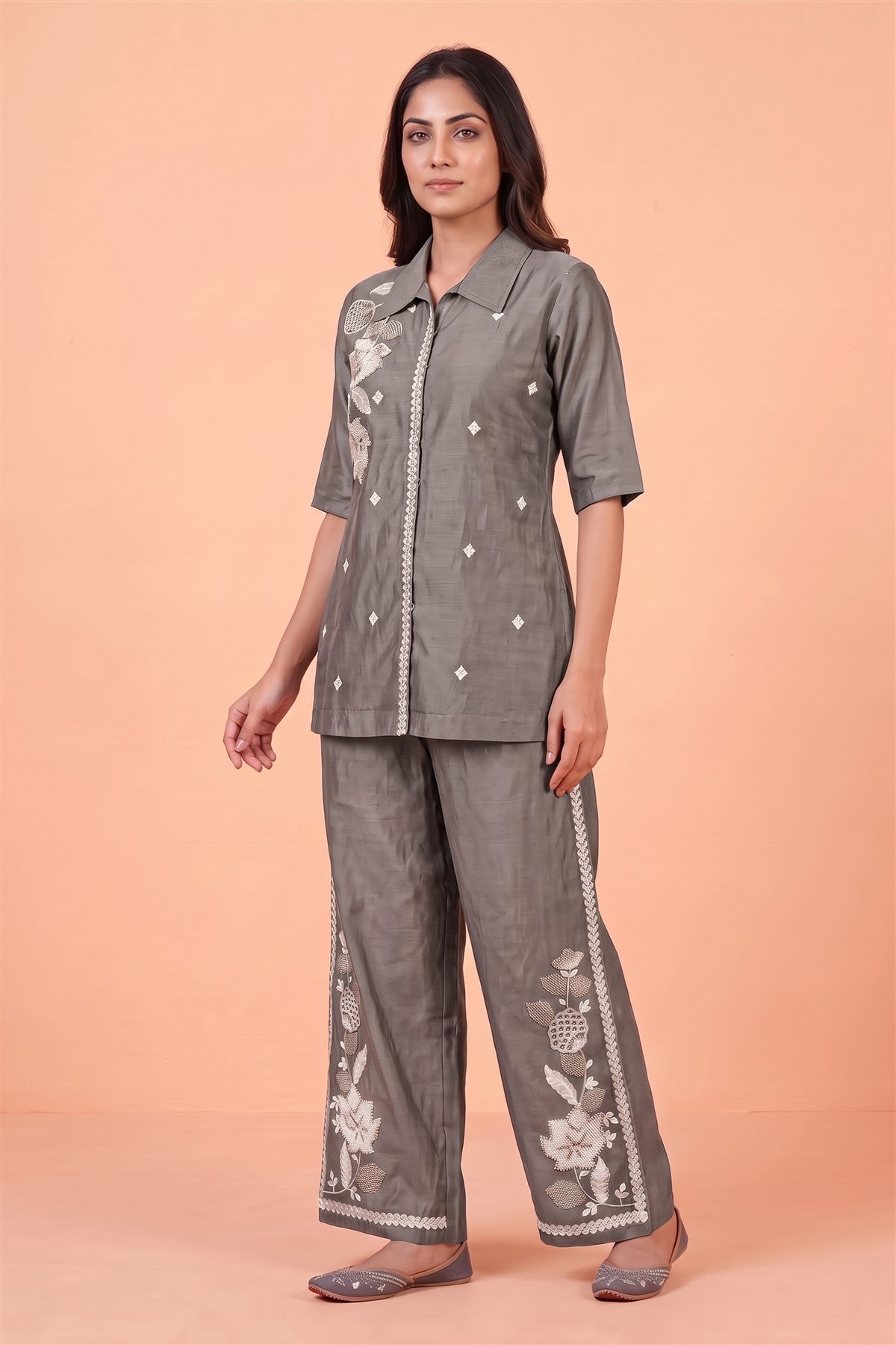Chanderi Embroidered Grey Co-Ord Set