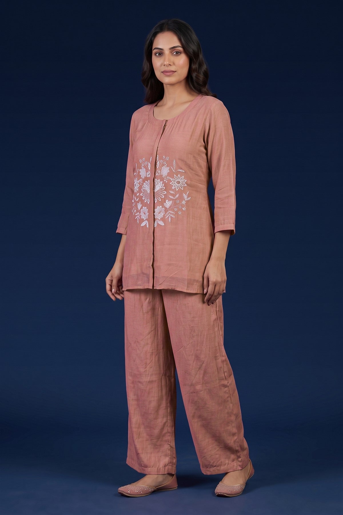 Chanderi Silk Embroidered Peach Co-Ord Set