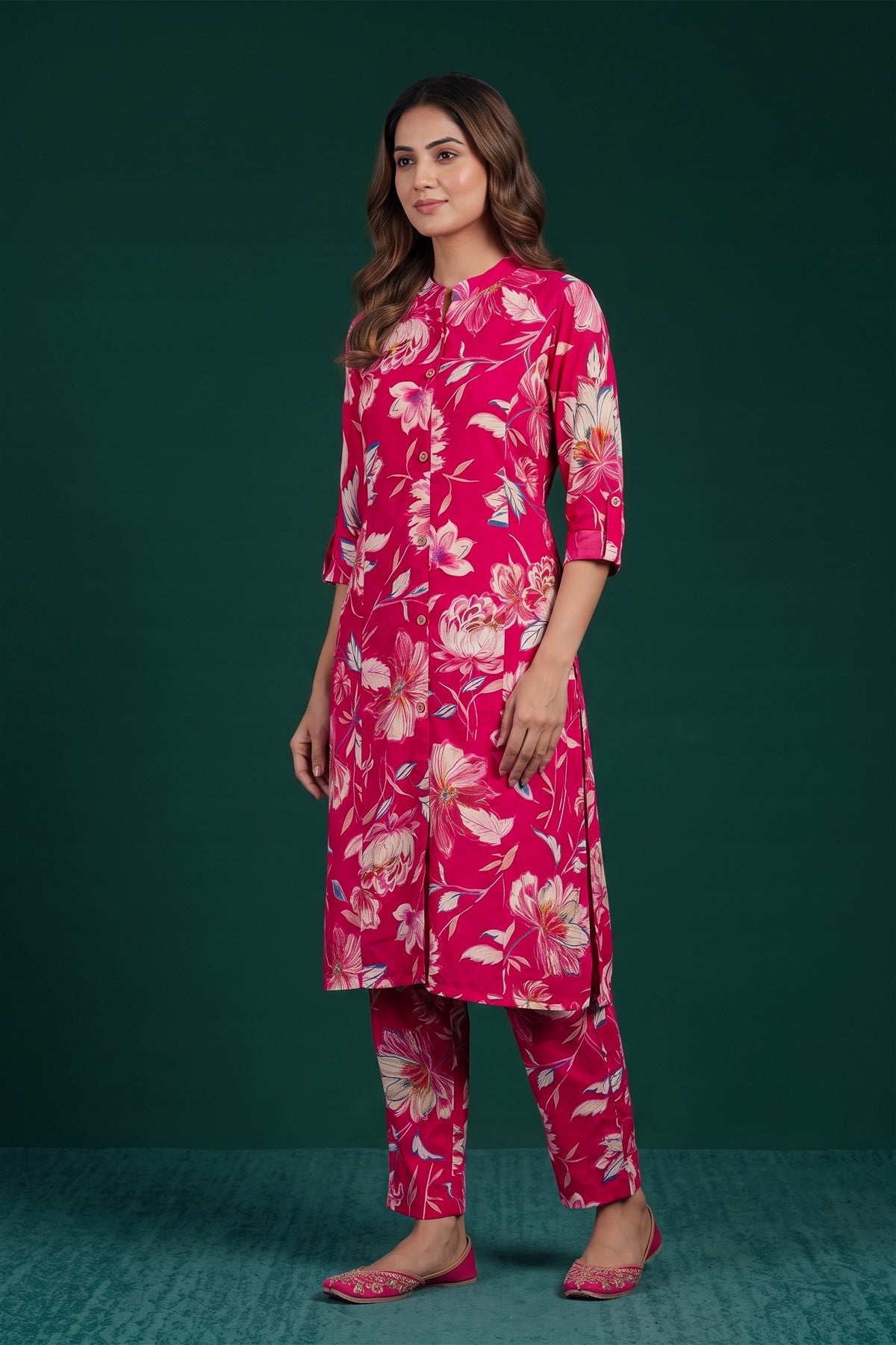 Rayon Printed Rani Pink Kurti Set