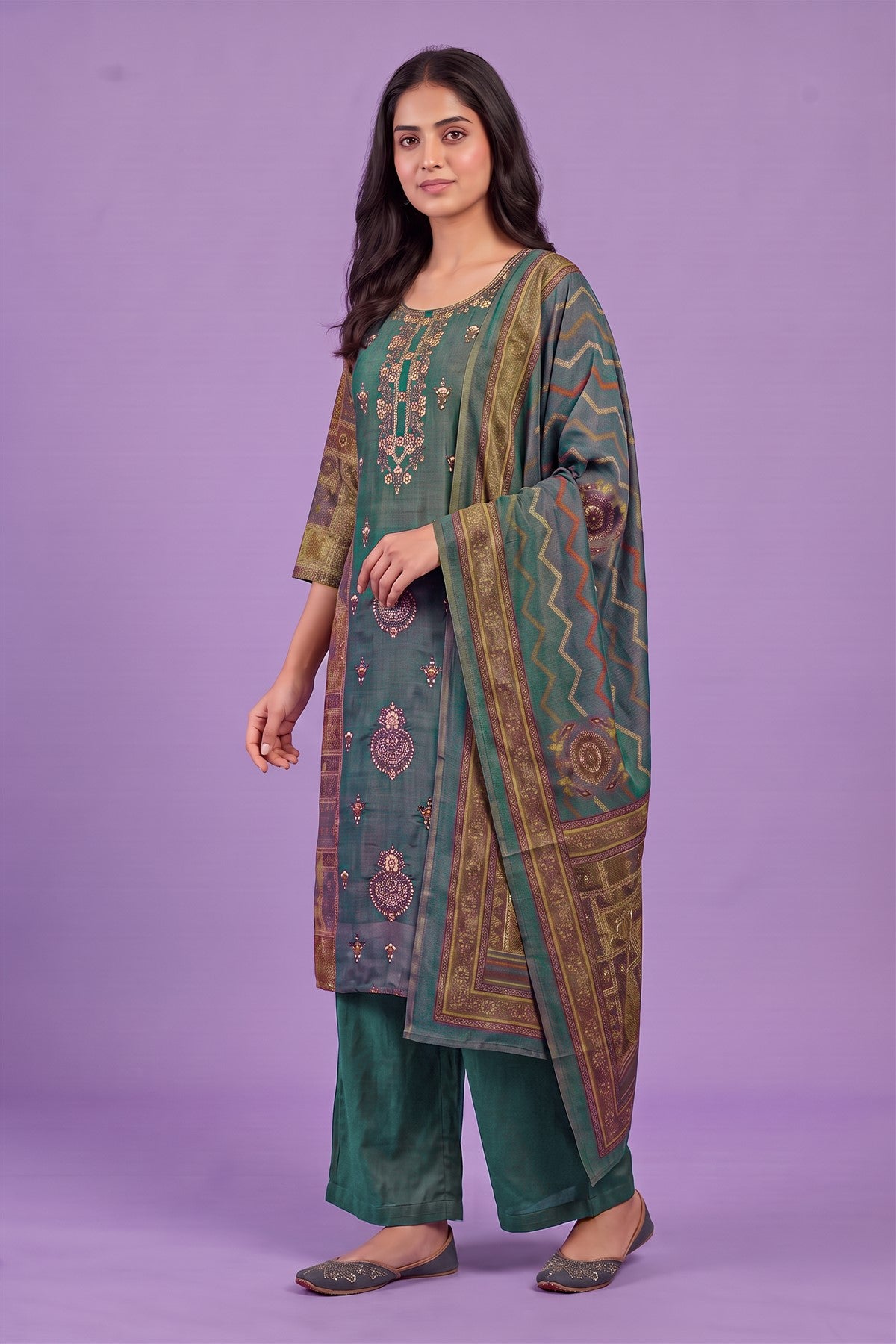 Matka Silk Embroidered Green Kurti Set With Dupatta