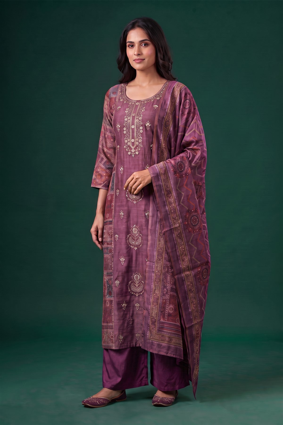 Matka Silk Embroidered Mauve Kurti Set With Dupatta