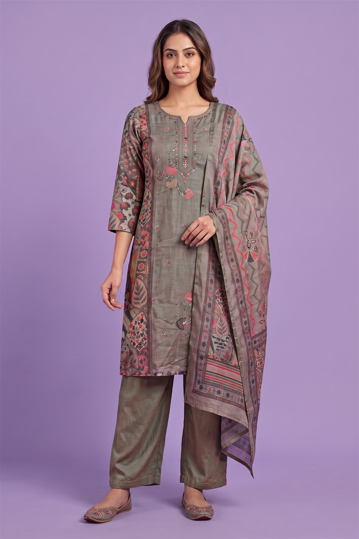 Matka Silk Embroidered Grey Kurti Set With Dupatta