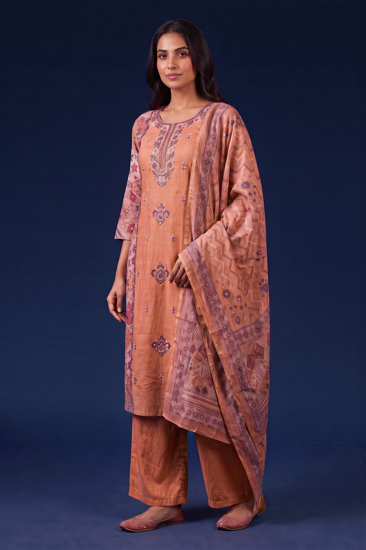 Matka Silk Embroidered Rust Kurti Set With Dupatta