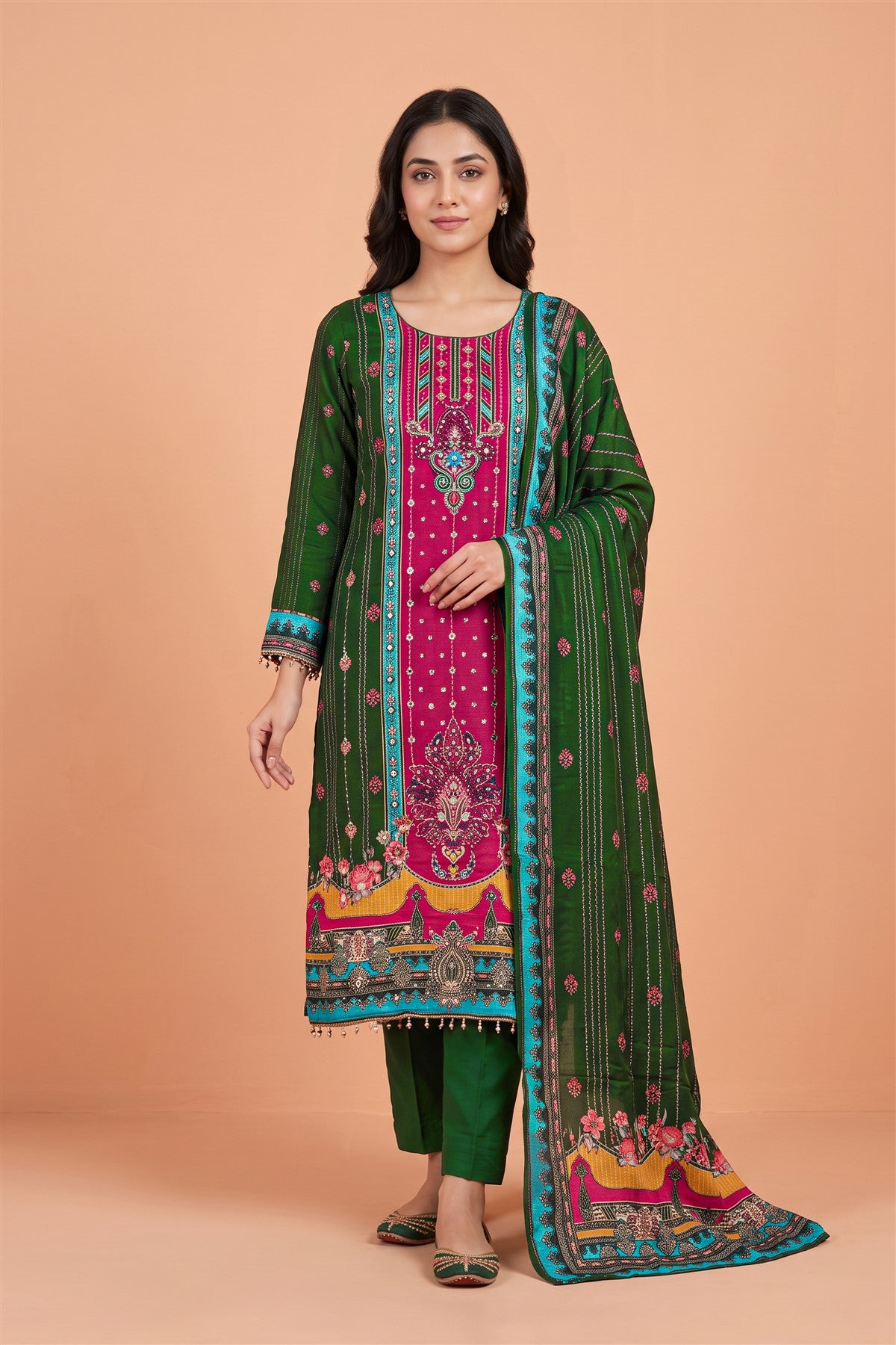 Satin Silk Embroidered Green Kurti Set With Dupatta