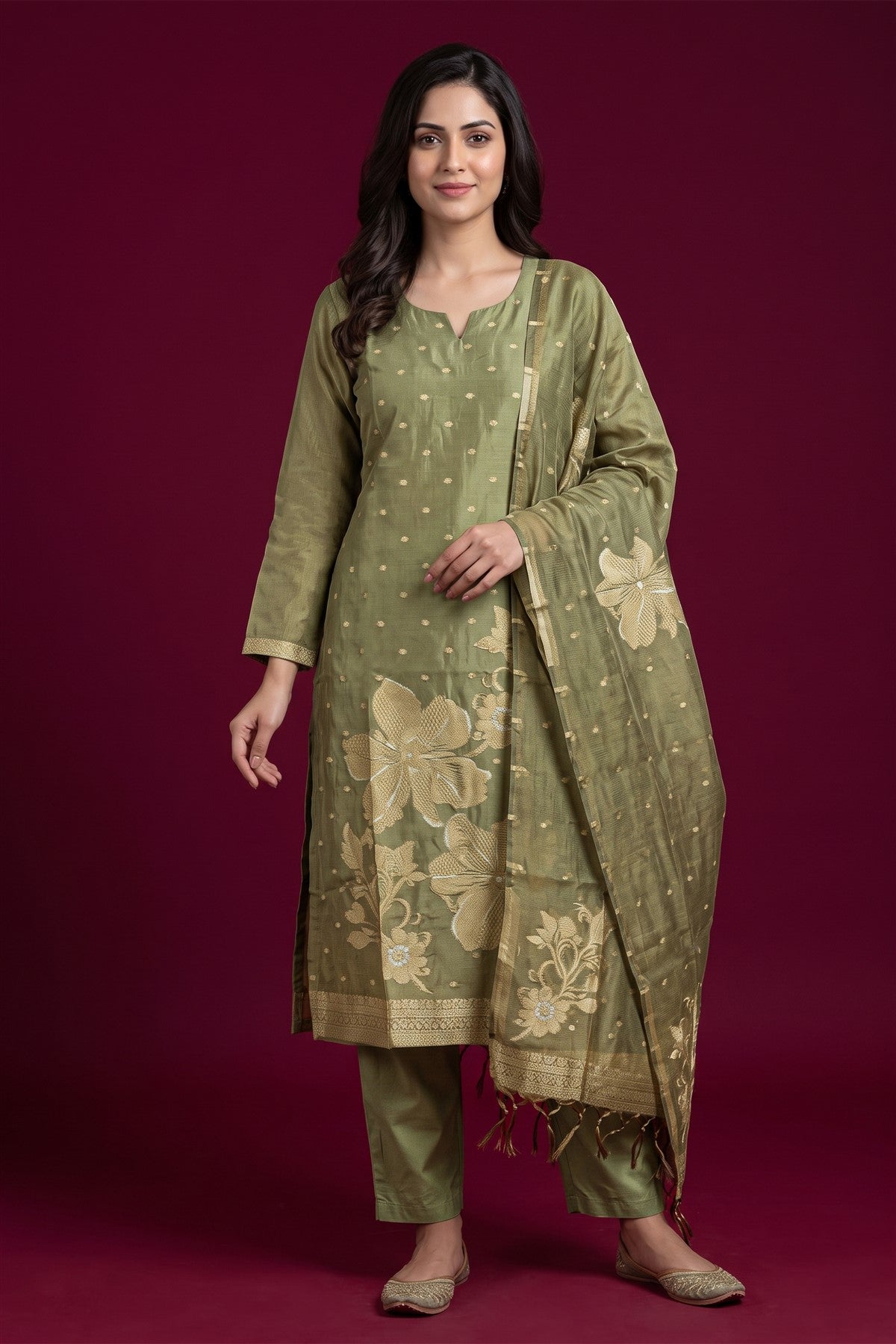 Tissue Silk Embroidered Pista Kurti Set With Dupatta