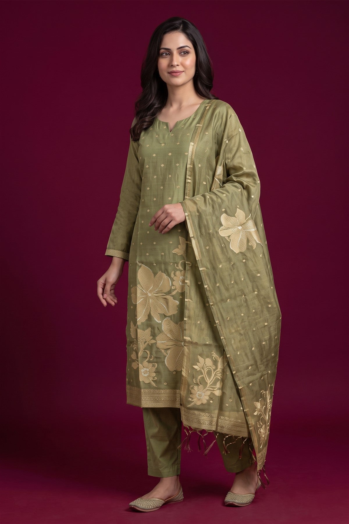Tissue Silk Embroidered Pista Kurti Set With Dupatta