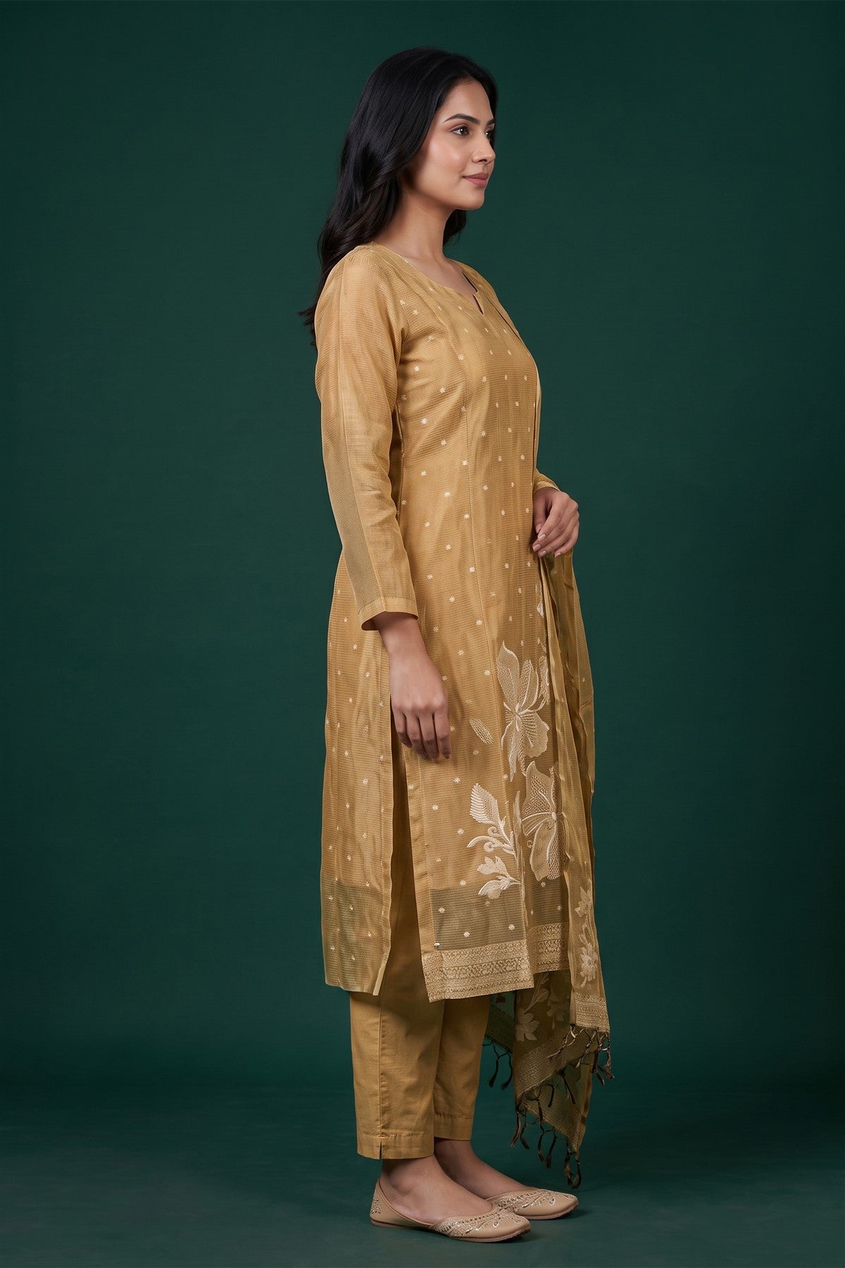 Tissue Silk Embroidered Gold Kurti Set With Dupatta