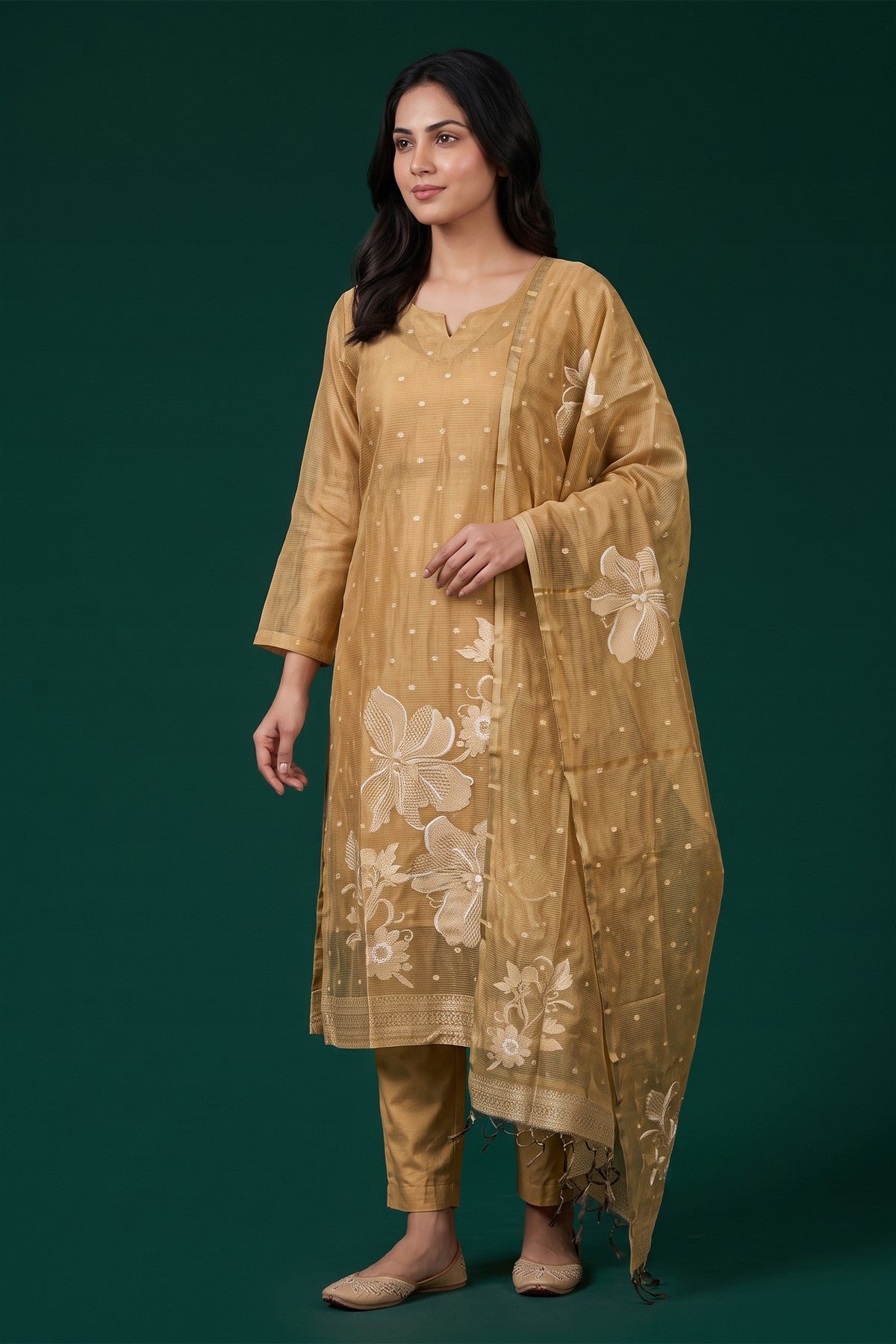 Tissue Silk Embroidered Gold Kurti Set With Dupatta