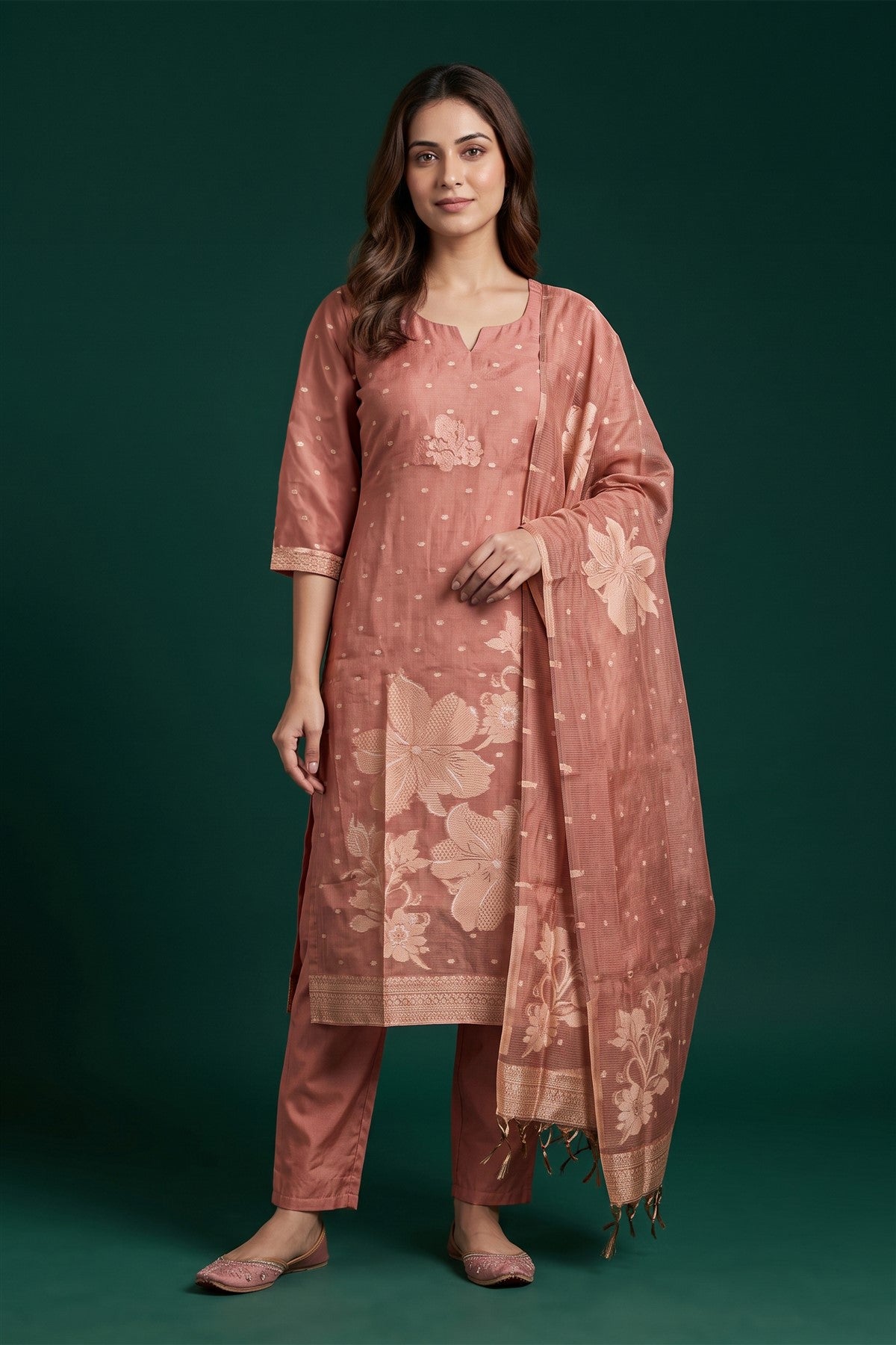 Tissue Silk Embroidered Peach Kurti Set With Dupatta