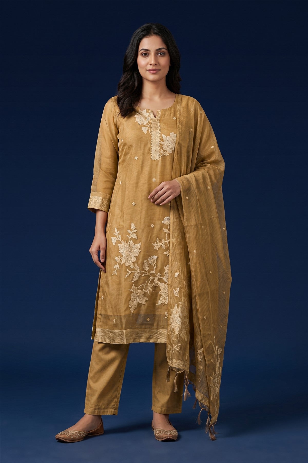 Tissue Silk Embroidered Gold Kurti Set With Dupatta