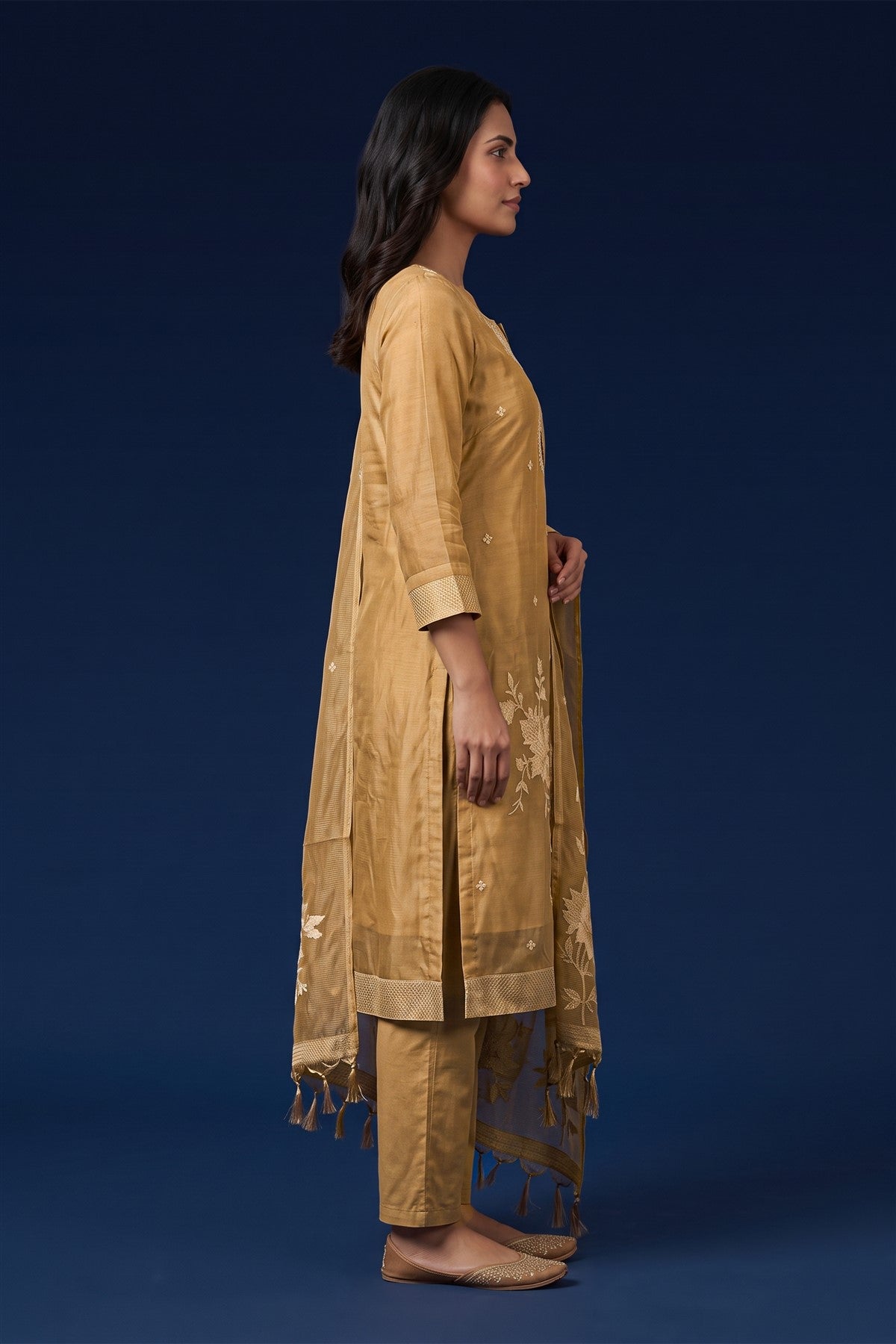 Tissue Silk Embroidered Gold Kurti Set With Dupatta