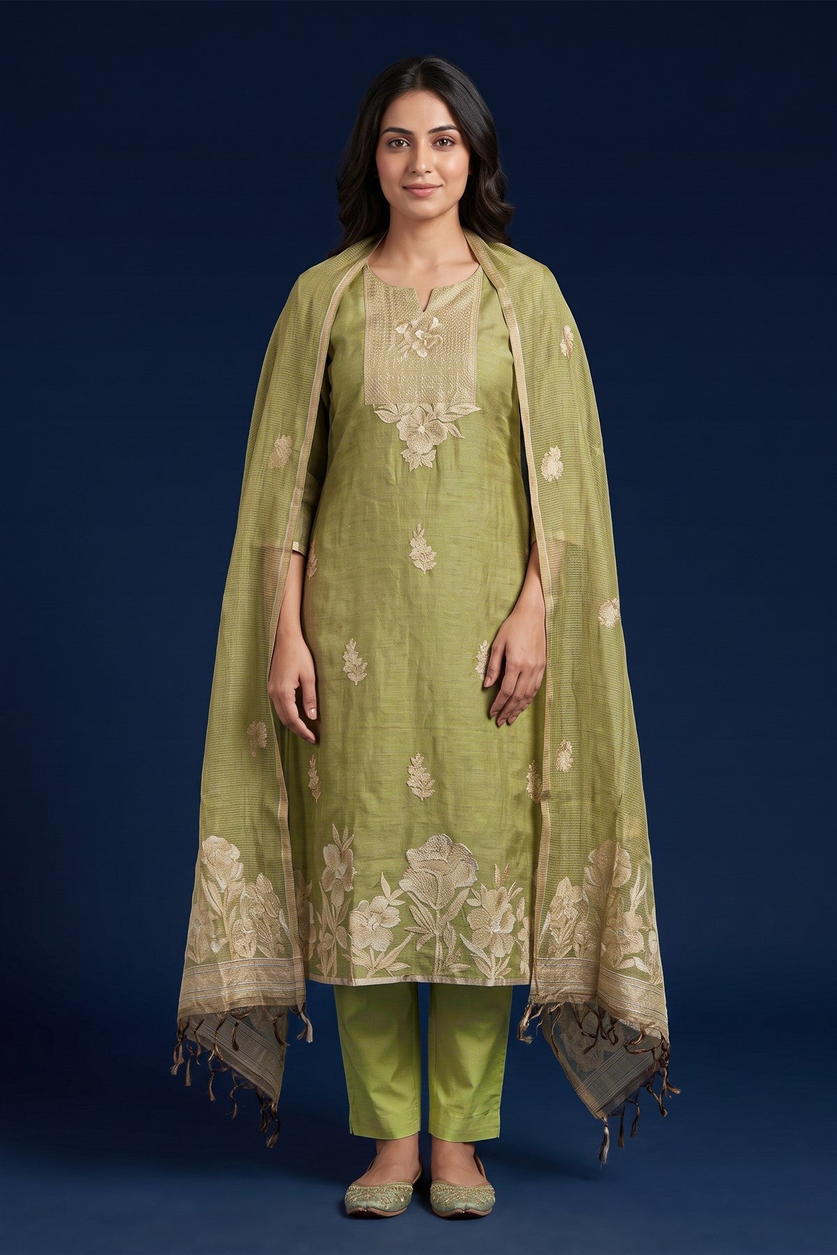 Tissue Silk Embroidered Mehendi Green Kurti Set With Dupatta