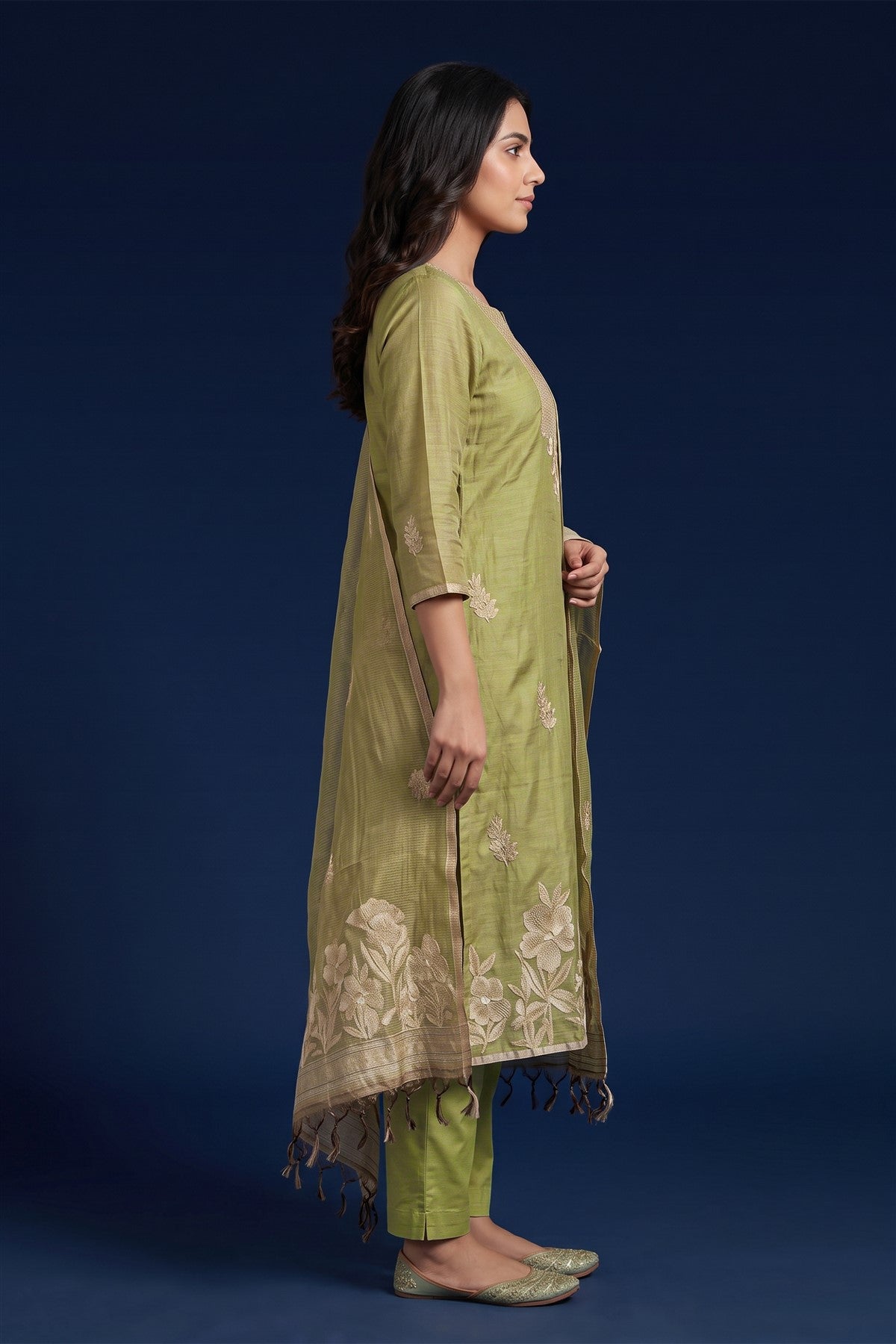 Tissue Silk Embroidered Mehendi Green Kurti Set With Dupatta
