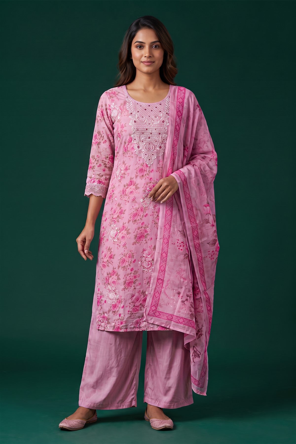 Georgette Embroidered Baby Pink Kurti Set With Dupatta
